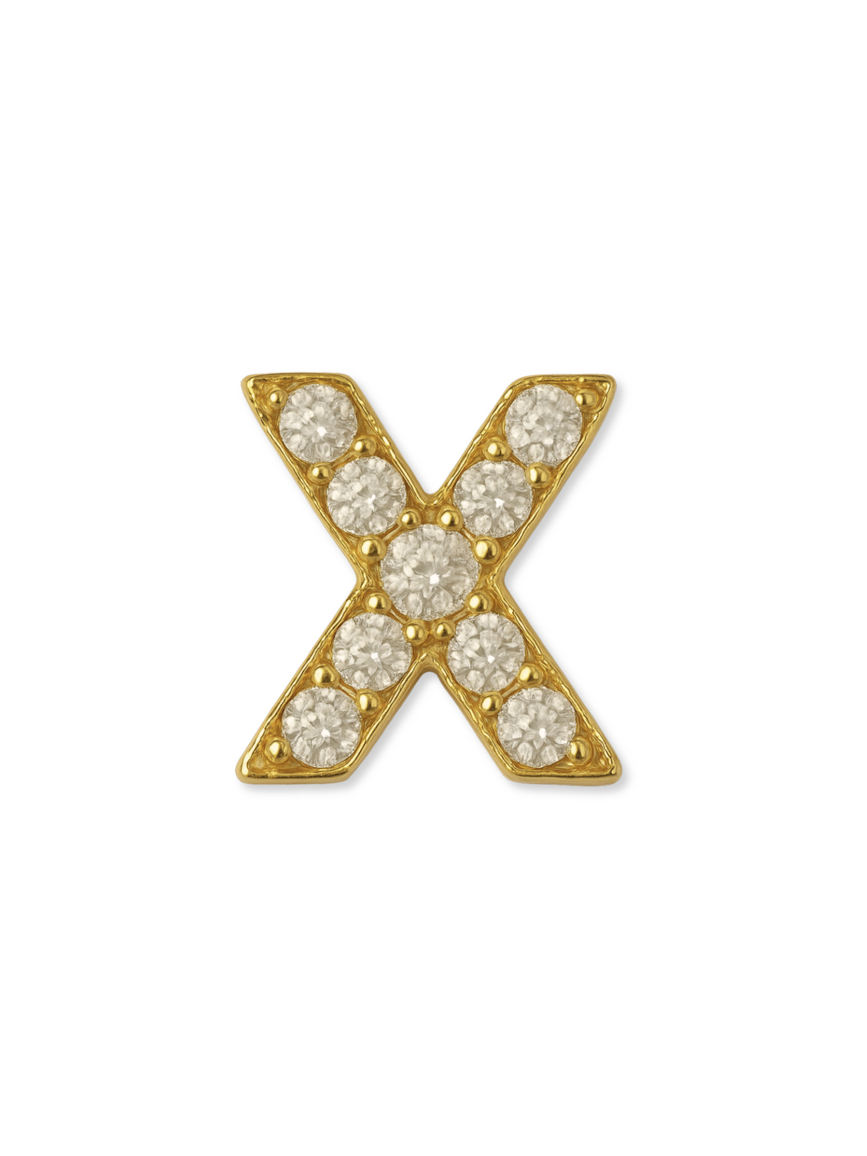 The Kinsey Designs LUX Letter Slide Charms feature a gold filled "X" pendant adorned with small white gemstones, ideal for personalizing necklaces or bracelets. Shown on a white background.