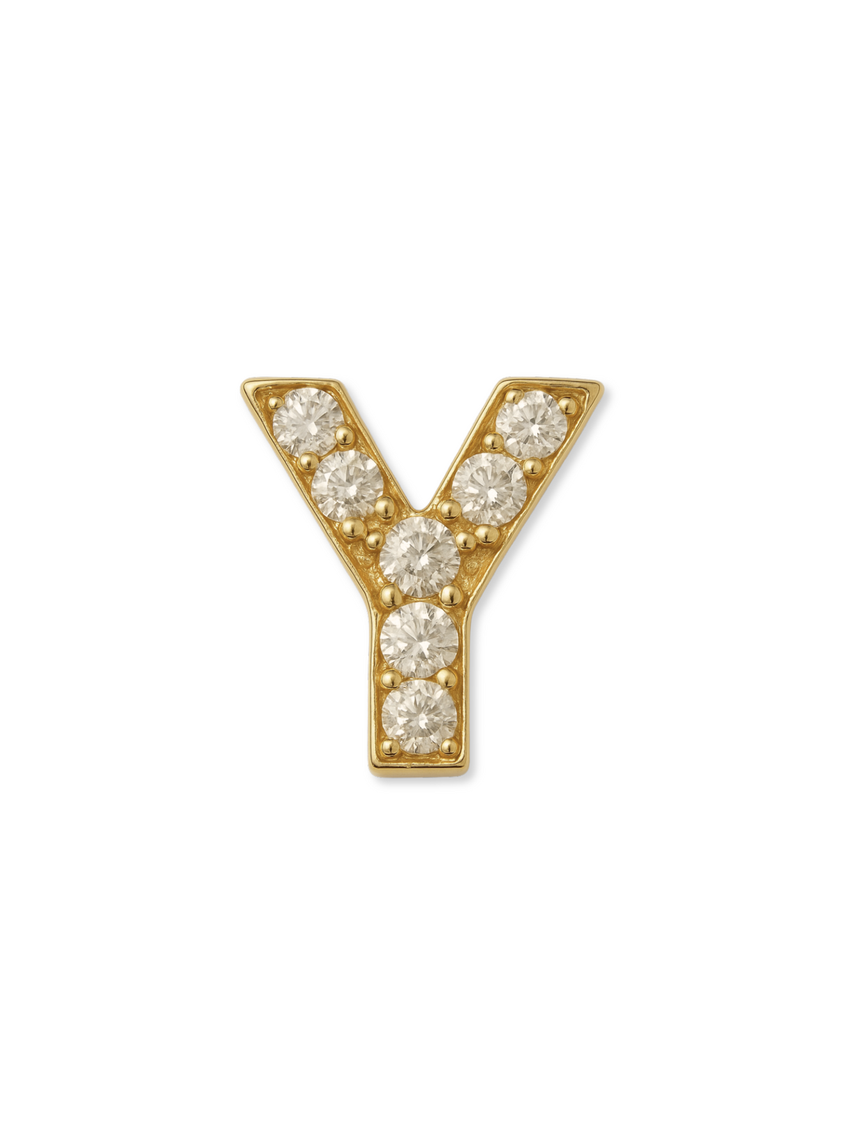 The Kinsey Designs LUX Letter Slide Charms feature a gold-filled "Y" pendant with round, clear gemstones on a white background, perfect for customizing your jewelry.