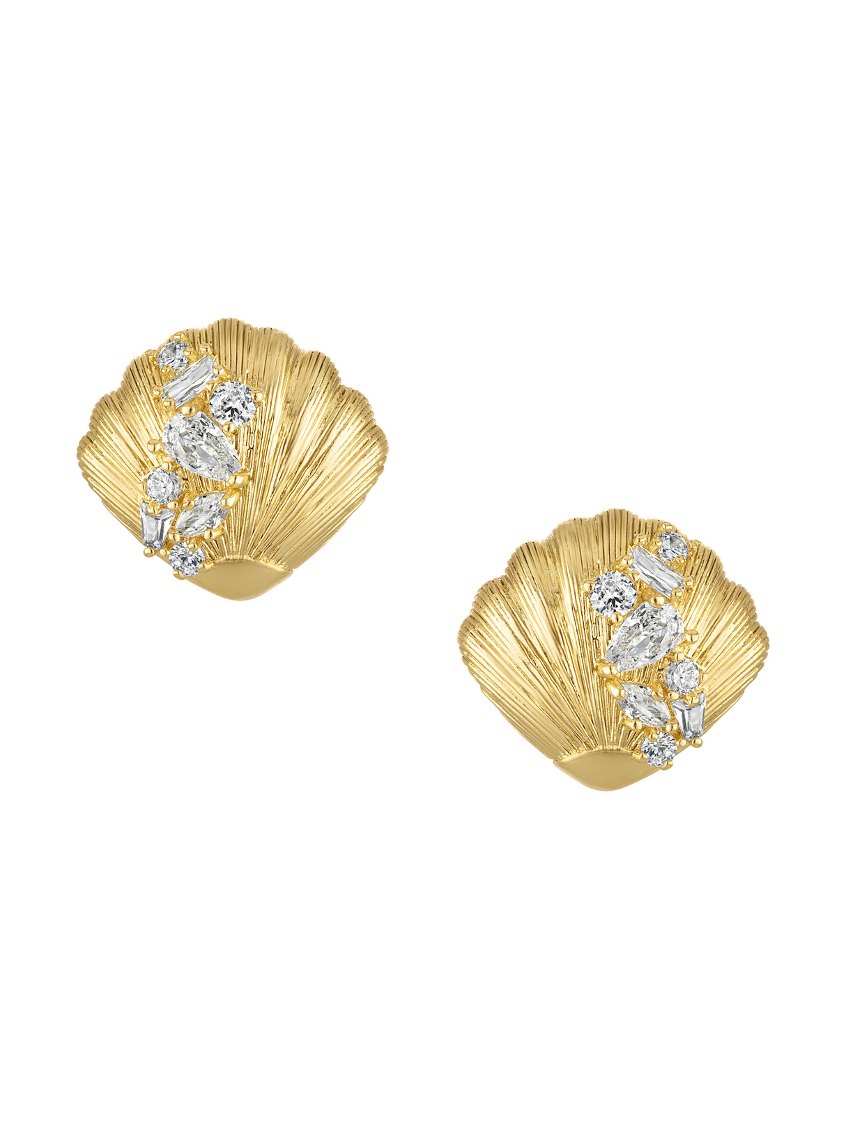 The Lucian Seashell Post Earring by Kinsey Designs features gold, shell-shaped studs adorned with clear clustered gemstones—a stylish blend of elegant seashell motifs and shimmering detail.