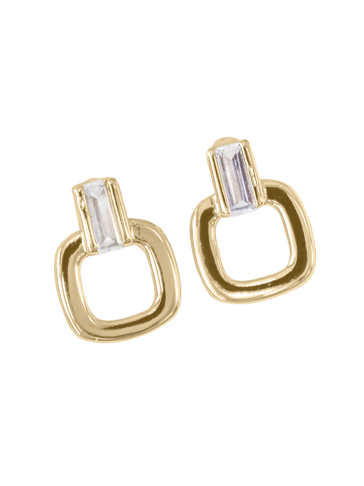 The Lucky Post earrings by Kinsey Designs feature gold-filled open square shapes with clear rectangular gemstones at the top, measuring 0.5" long, displayed on a white background.