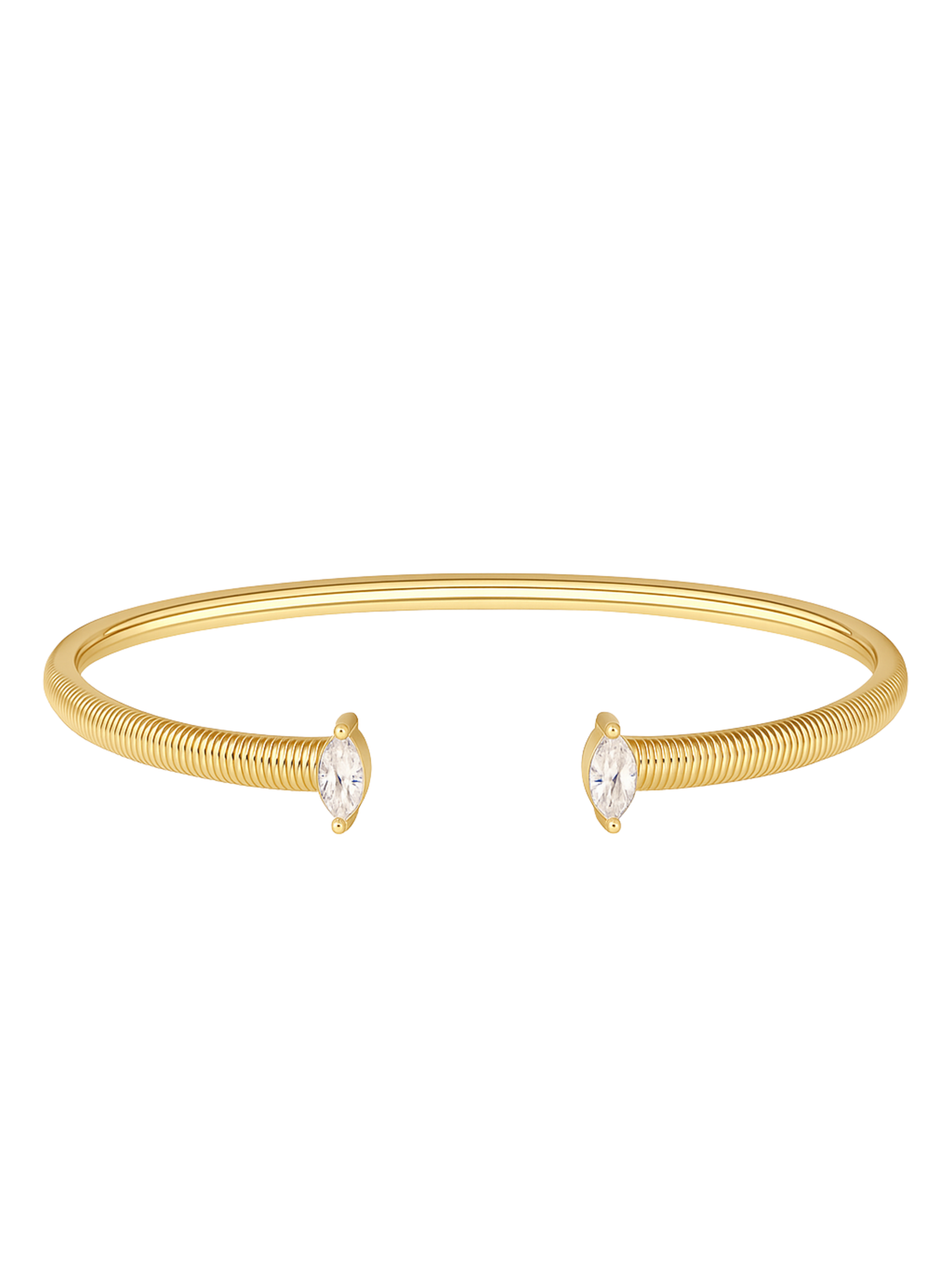 The Mara Cuff by Kinsey Designs features a gold plated, textured band with clear cubic zirconia accents on each end in a minimalist, adjustable design.