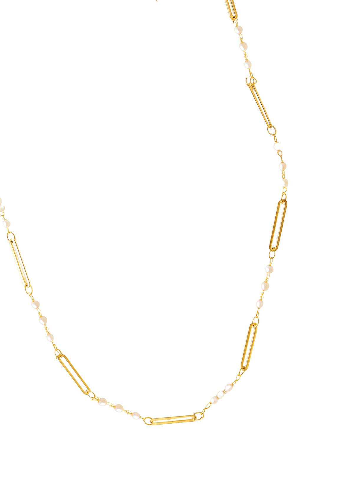 The Marina Pearl Necklace by Kinsey Designs features elongated links and evenly spaced small pearls, making it an elegant, timeless accessory for any occasion.