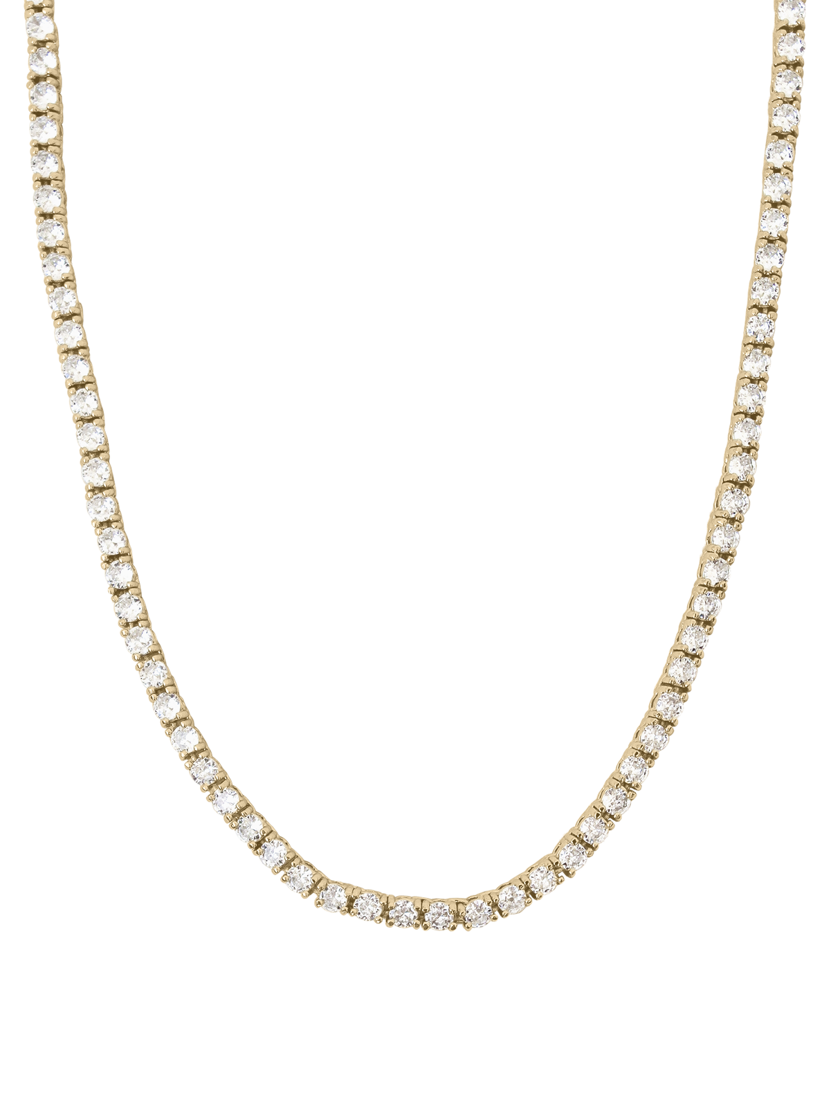 The Malia Tennis Necklace by Kinsey Designs Archives features evenly spaced round white gemstones on a 15" gold filled chain, shown against a plain white background. Ideal for our sample sale event.