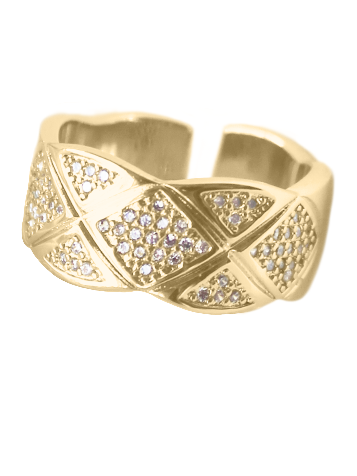 The Mallon Ring by Kinsey Designs features a gold band with a geometric quilted grid and diamond-like pavé stones set in its triangular sections.