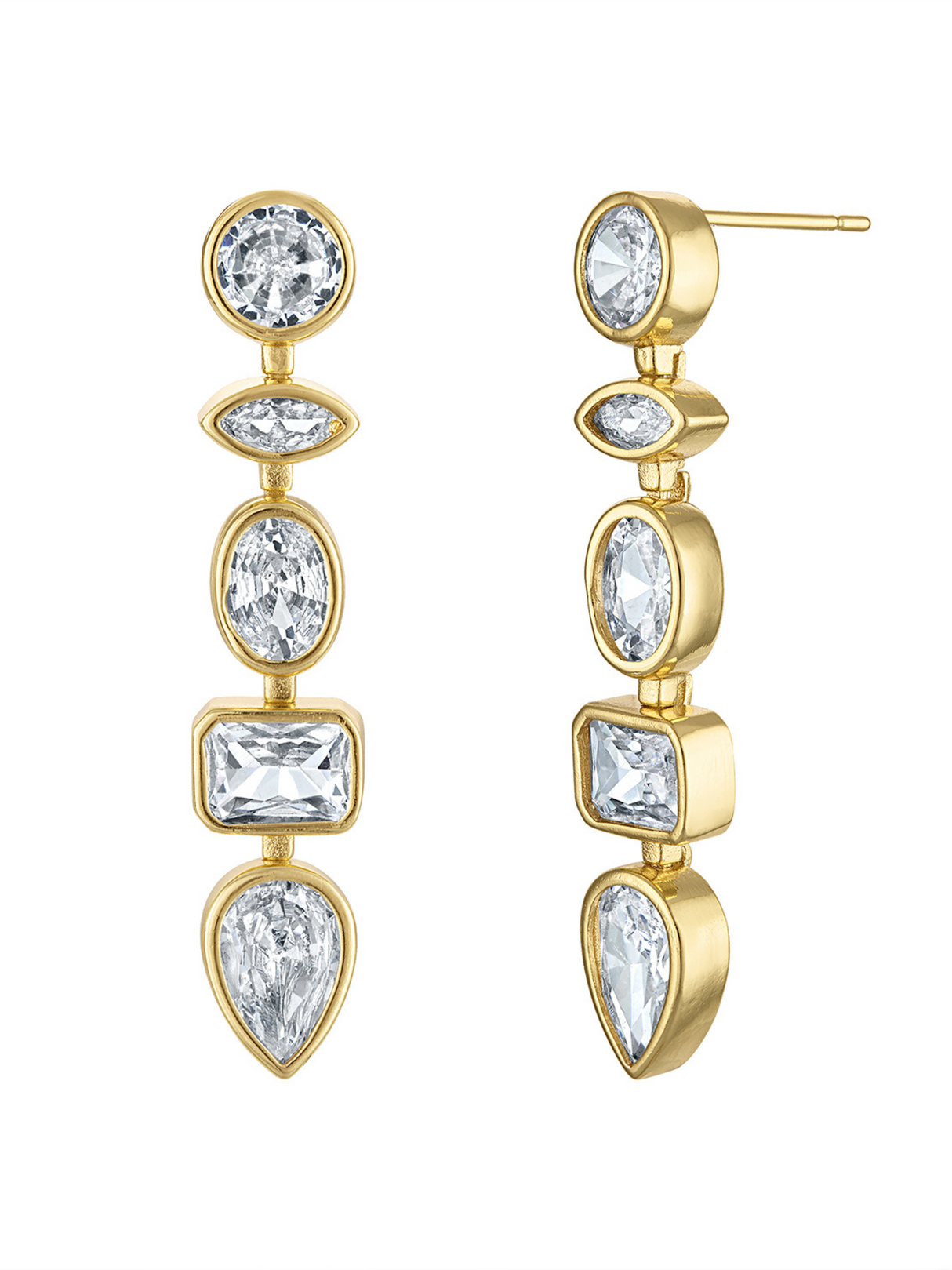 The Marie Jewel Drop Earring by Kinsey Designs features gold-filled drops with five uniquely shaped clear gemstones in bezel settings. These elegant earrings are 1.75" long and shown on a white background.