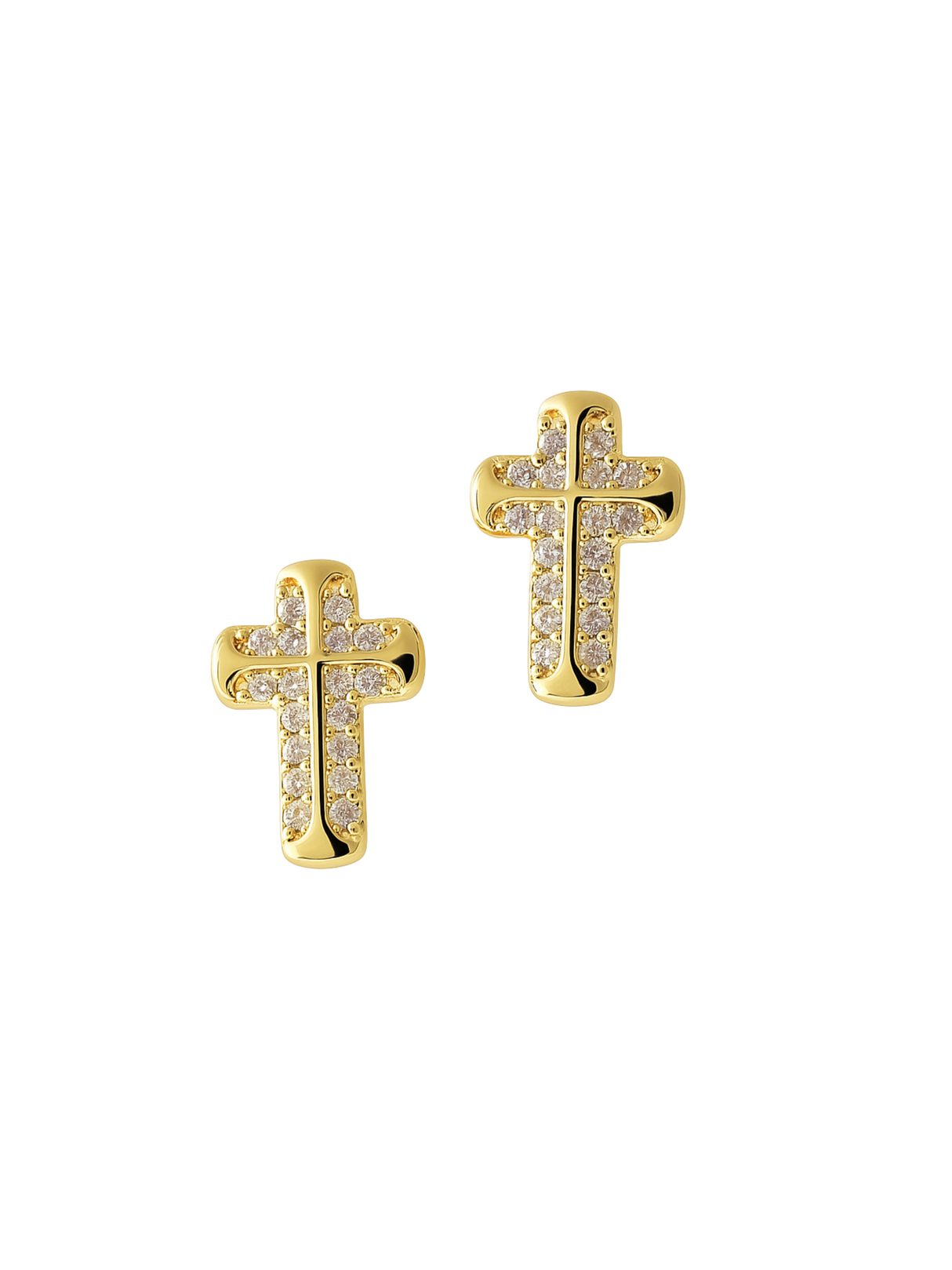 The Noah Cross Studs by Kinsey Designs are minimalist gold earrings adorned with small clear stones, elegantly displayed on a white background.