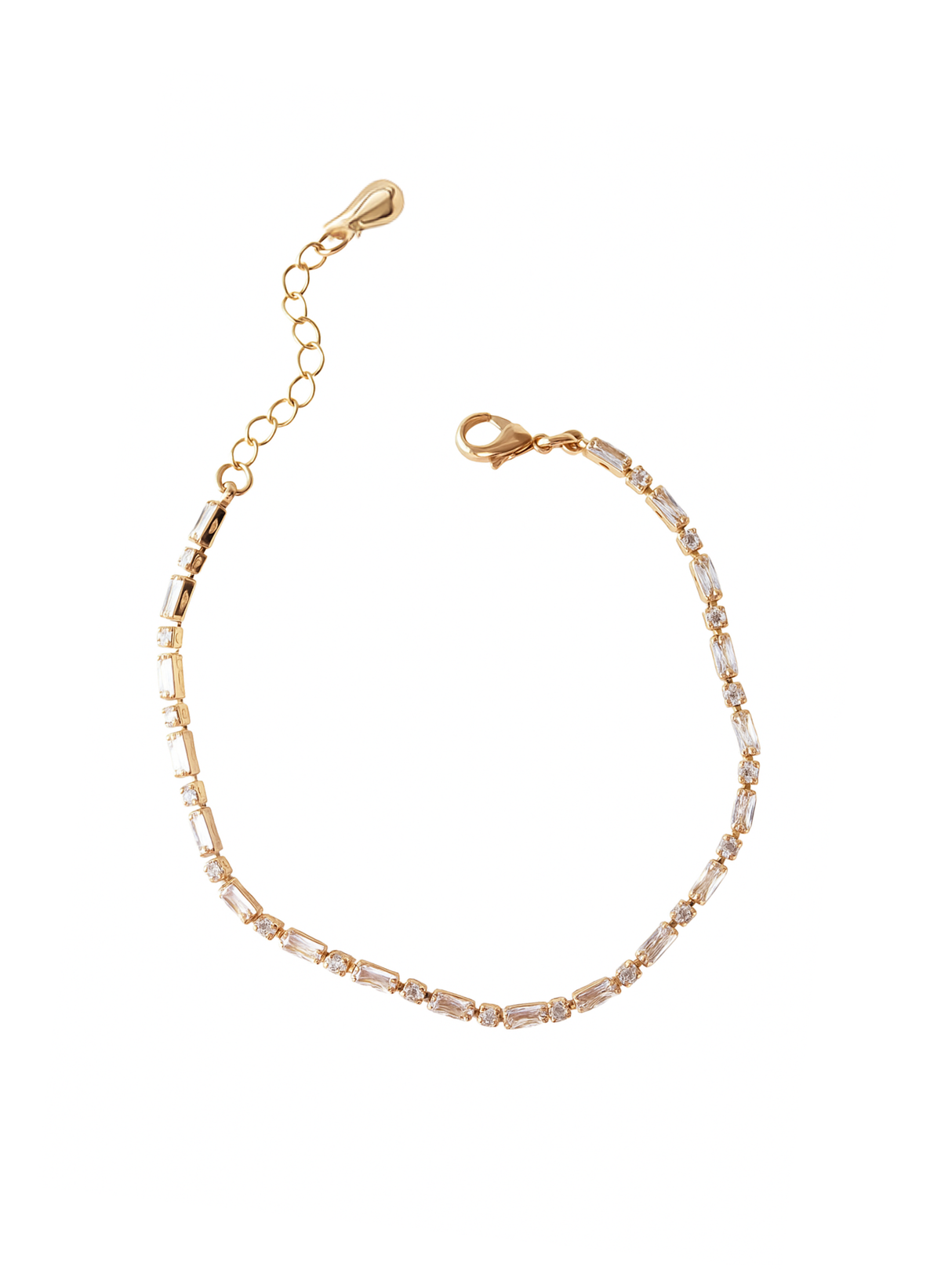 The Nora Bracelet by Kinsey Designs features rectangular clear cubic zirconia stones, a gold-plated finish, and an adjustable clasp, shown on a white background.
