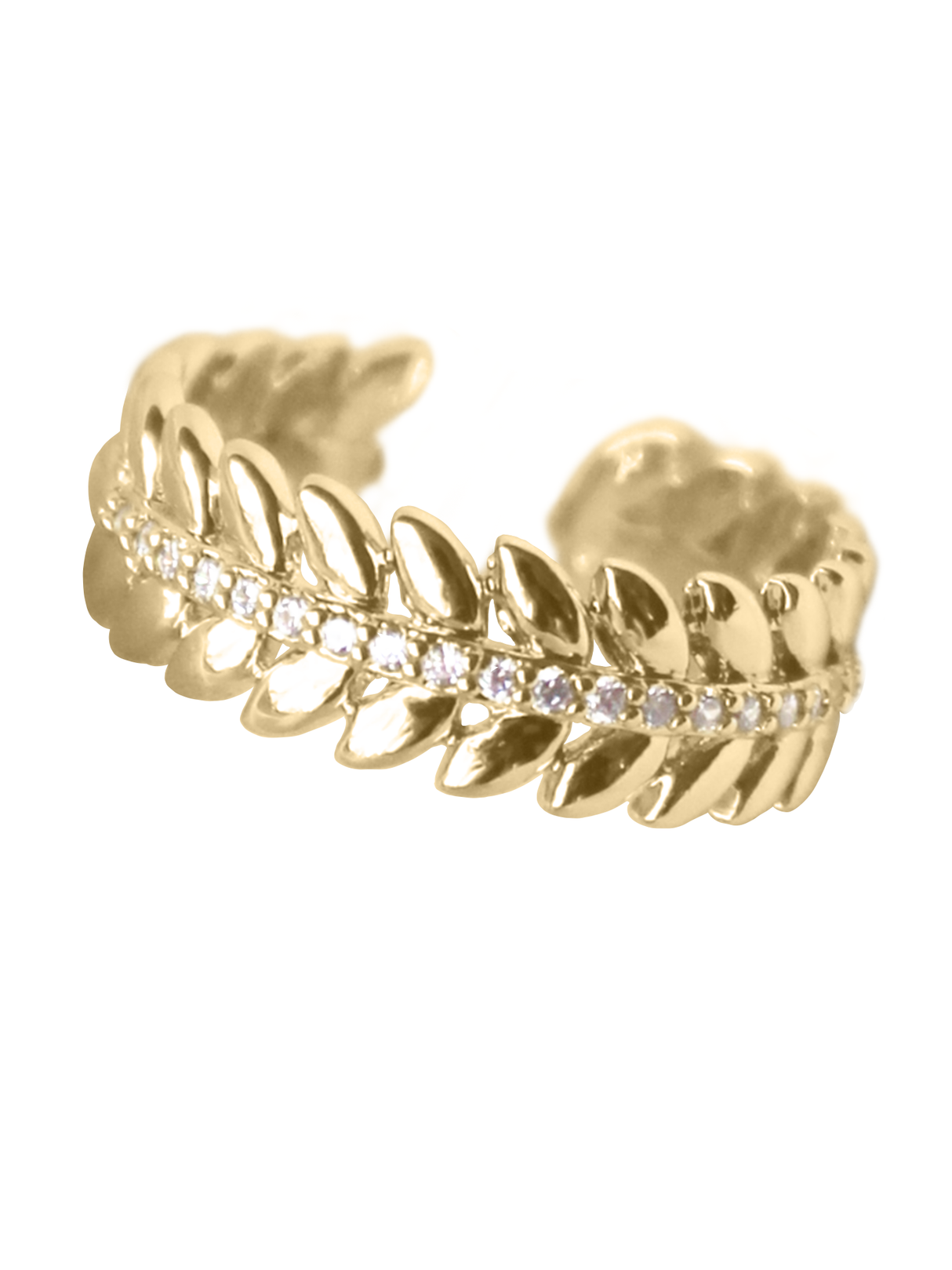 The Nenya Ring by Kinsey Designs features a gold filled leaf design with a row of small diamonds at the center. This adjustable ring combines elegance and nature-inspired style, shown on a white background.