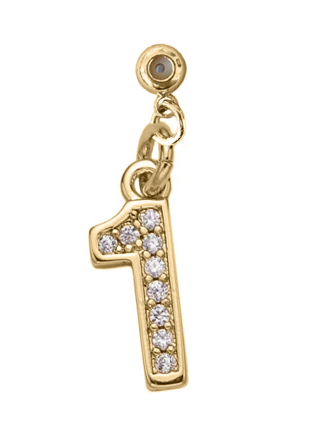 The Kinsey Designs Numerical Grip Charm is a gold number 1 pendant with sparkling cubic zirconia, perfect for adding to your charm bar necklace.
