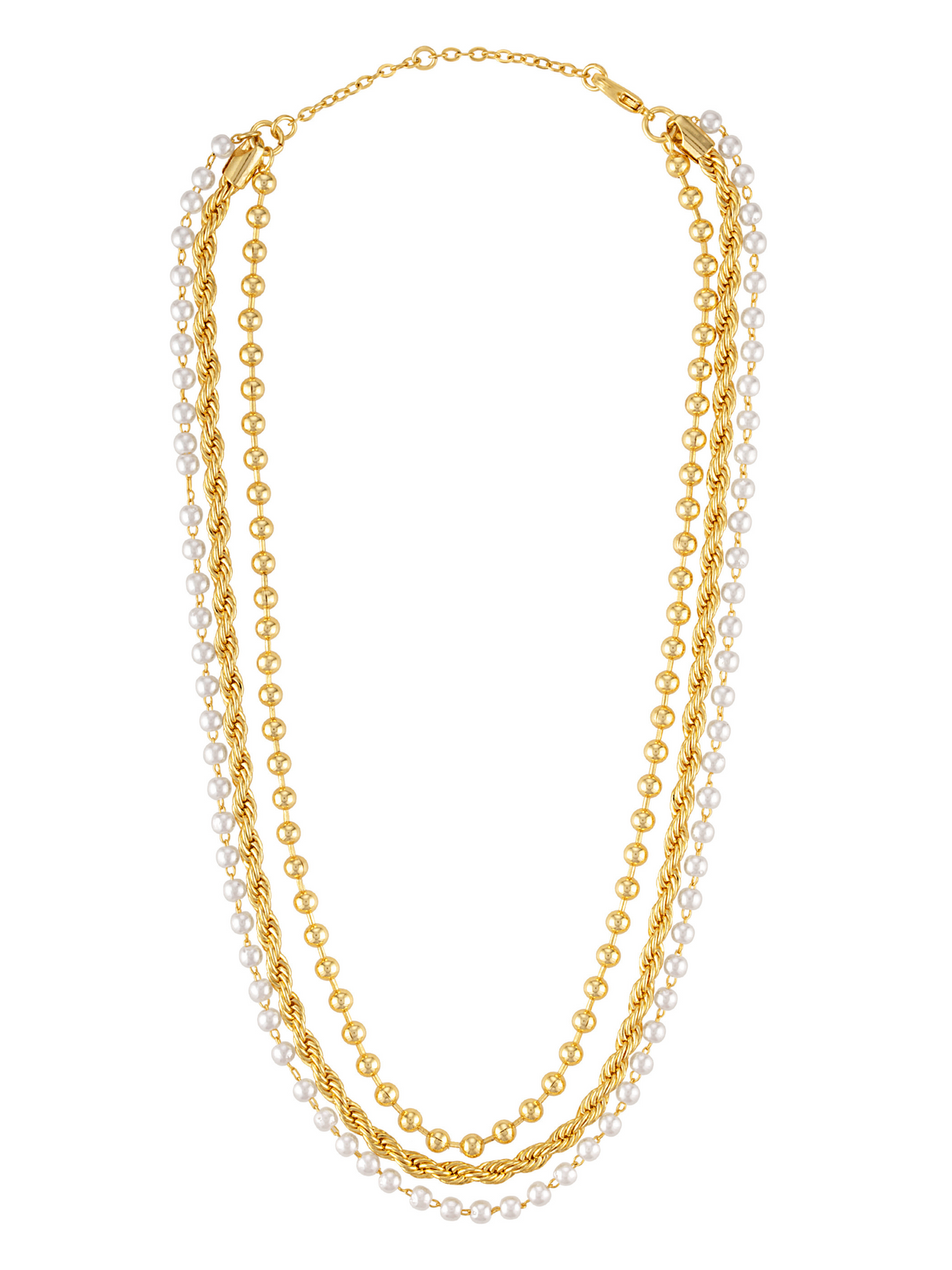 The Kinsey Designs Olivia Layer Necklace is artfully displayed with delicate pearl pieces, creating a stunning gold and pearl ensemble against a white backdrop.