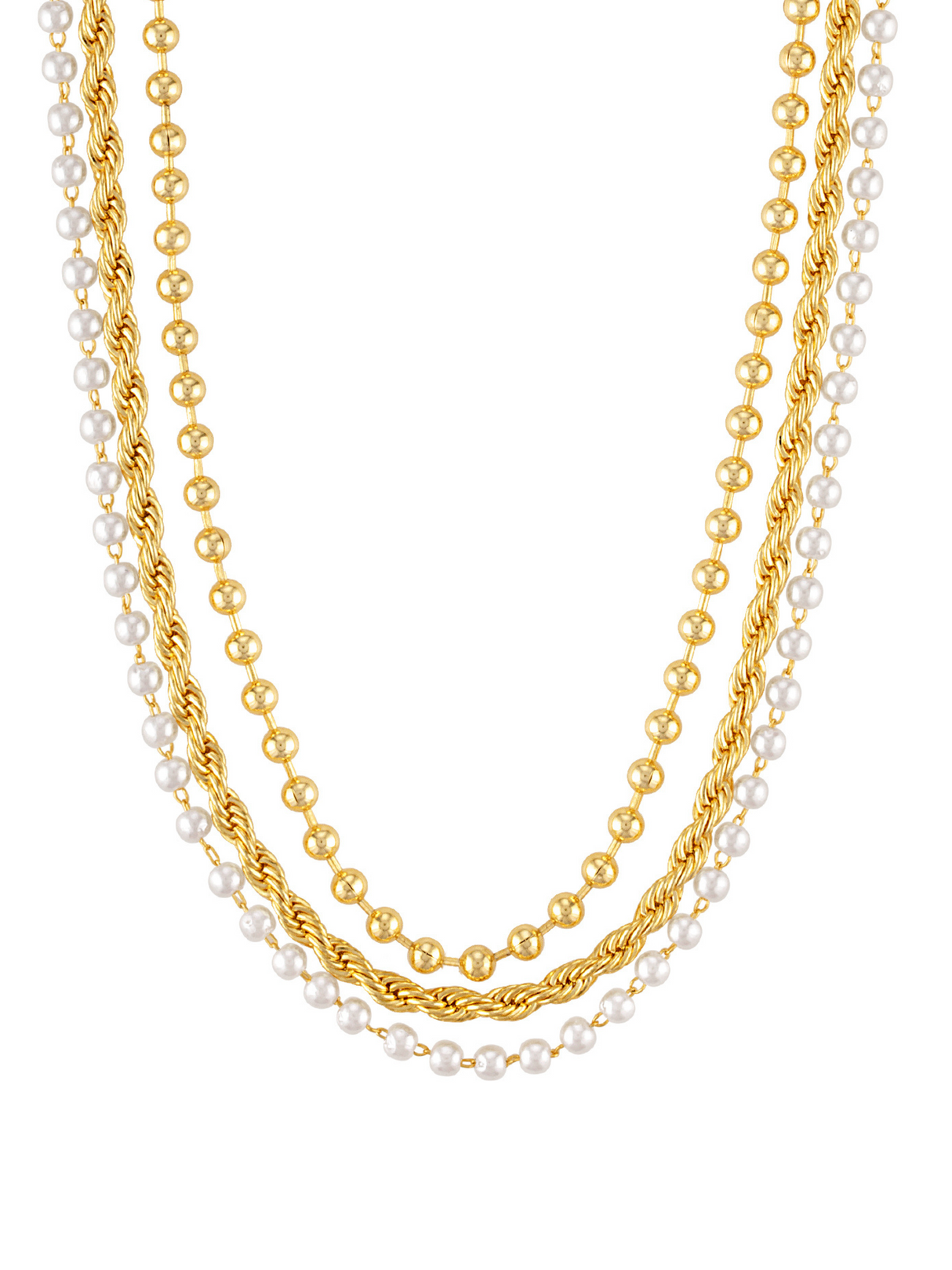 The Olivia Layer Necklace by Kinsey Designs features four chains: two gold bead strands, a twisted gold necklace, and an elegant pearl necklace.