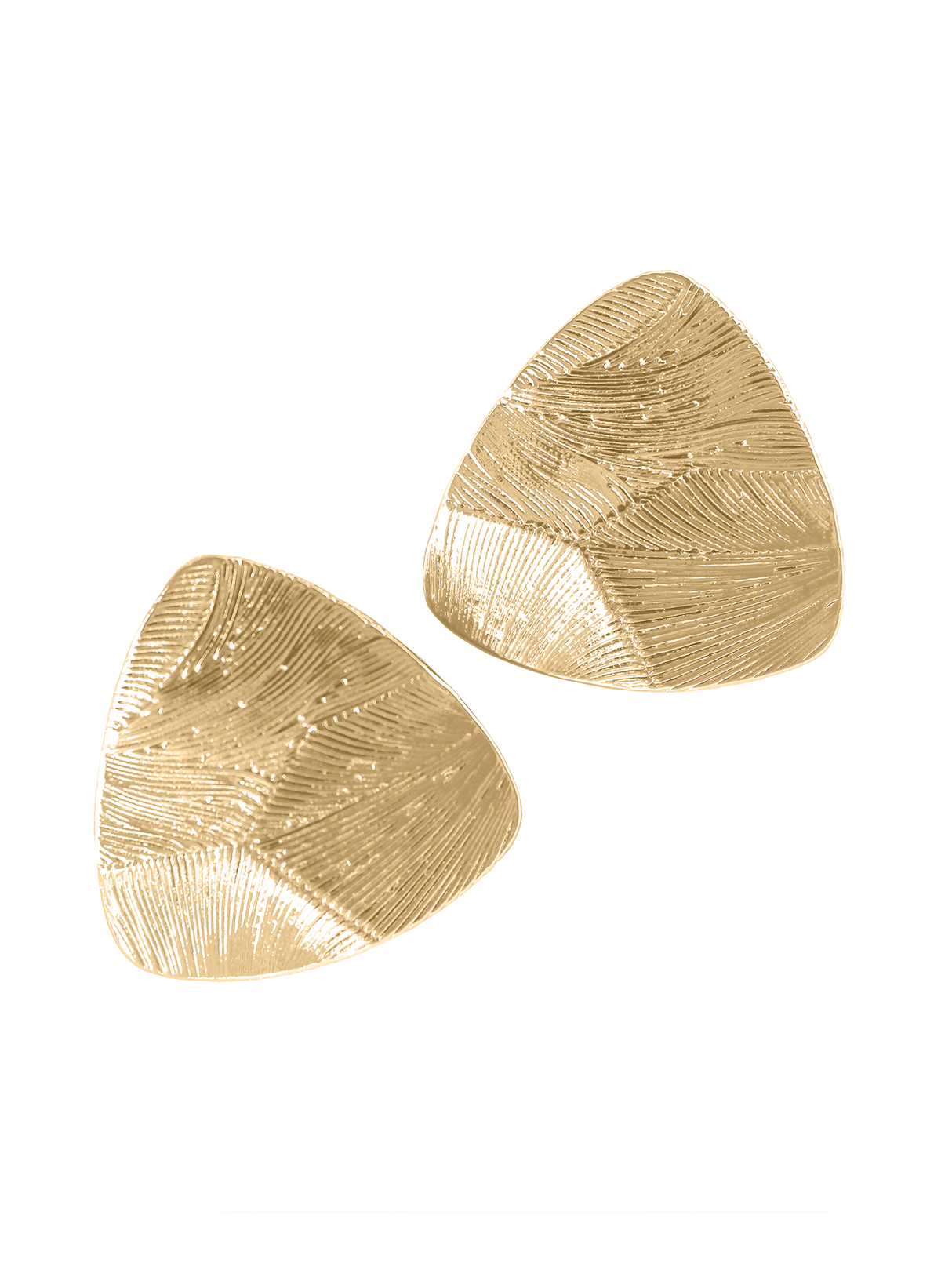 The Oliver Post earrings by Kinsey Designs feature gold-filled triangles with a textured, leaf-like pattern. Available now in a limited-time sample sale.