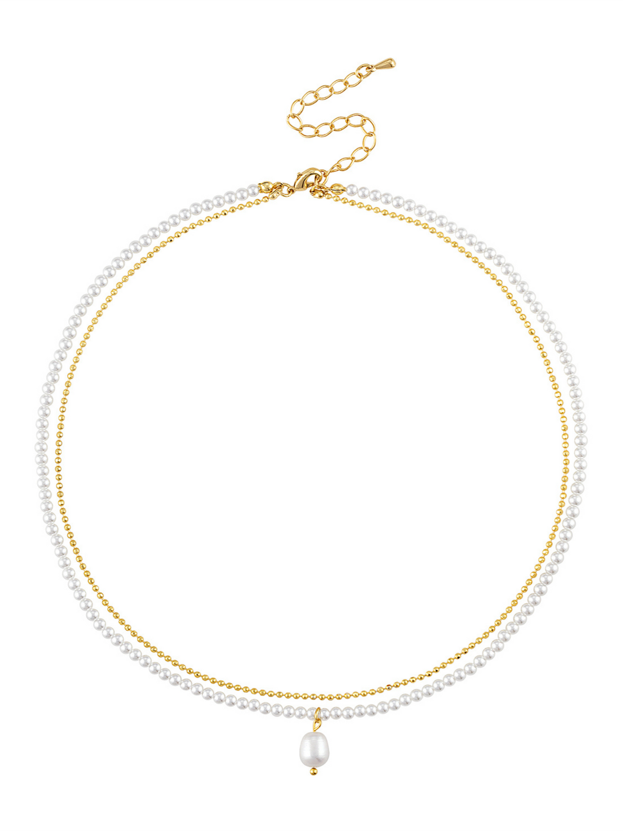 The Opaline Double Layer Necklace by Kinsey Designs features gold and pearl double strands, a single pearl pendant, and an adjustable clasp for the perfect fit.