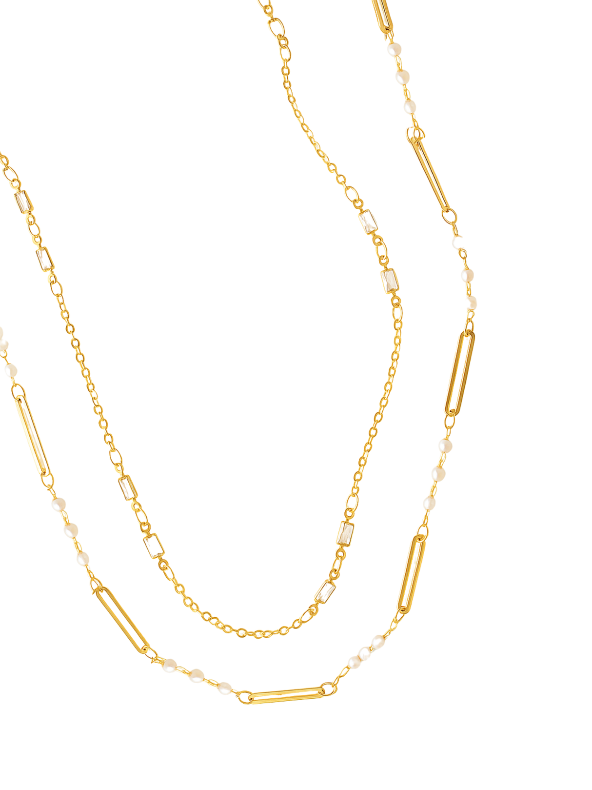 Elevate your look with the Pelly Layer Necklace by Kinsey Designs—a gold filled duo featuring bar links with pearls and a sleek chain. Shop this chic layered necklace now at our exclusive sample sale!.