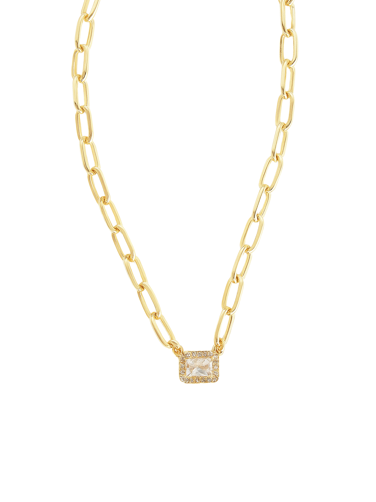 The Kinsey Designs Posh Necklace is a gold filled statement piece with a rectangular clear gemstone pendant, shown on a white background.
