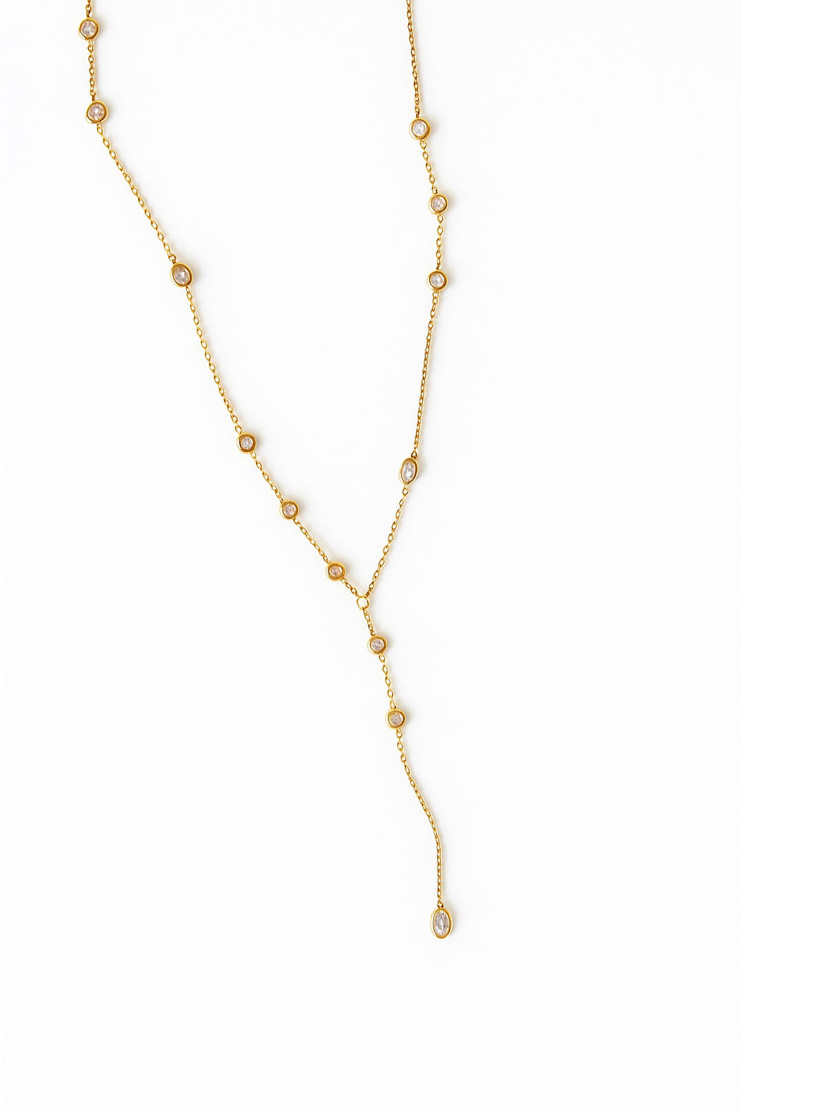 The Kinsey Designs Pozey Lariat is a delicate gold filled necklace with spaced round gemstones and a single dangling drop for subtle elegance.