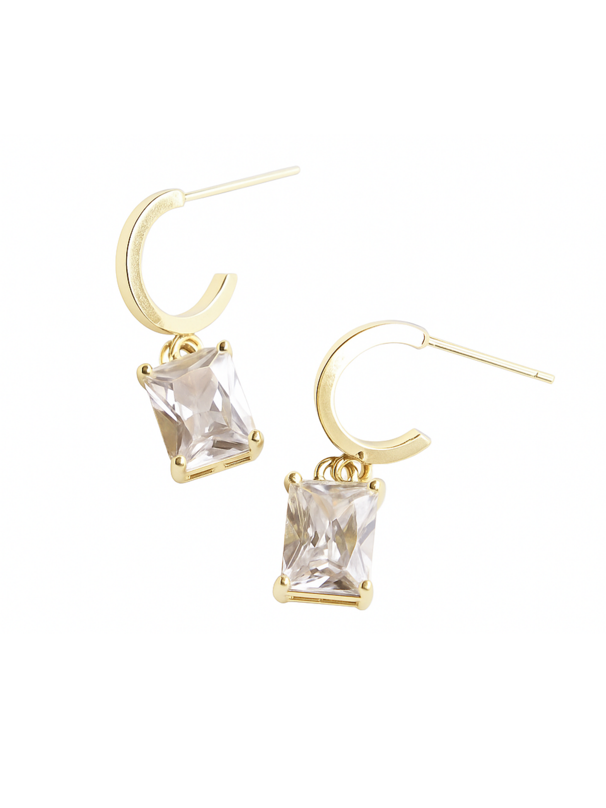 Kinsey Designs' Prism Huggies showcase square, princess-cut CZ gemstone pendants in prong settings, displayed against a white background.