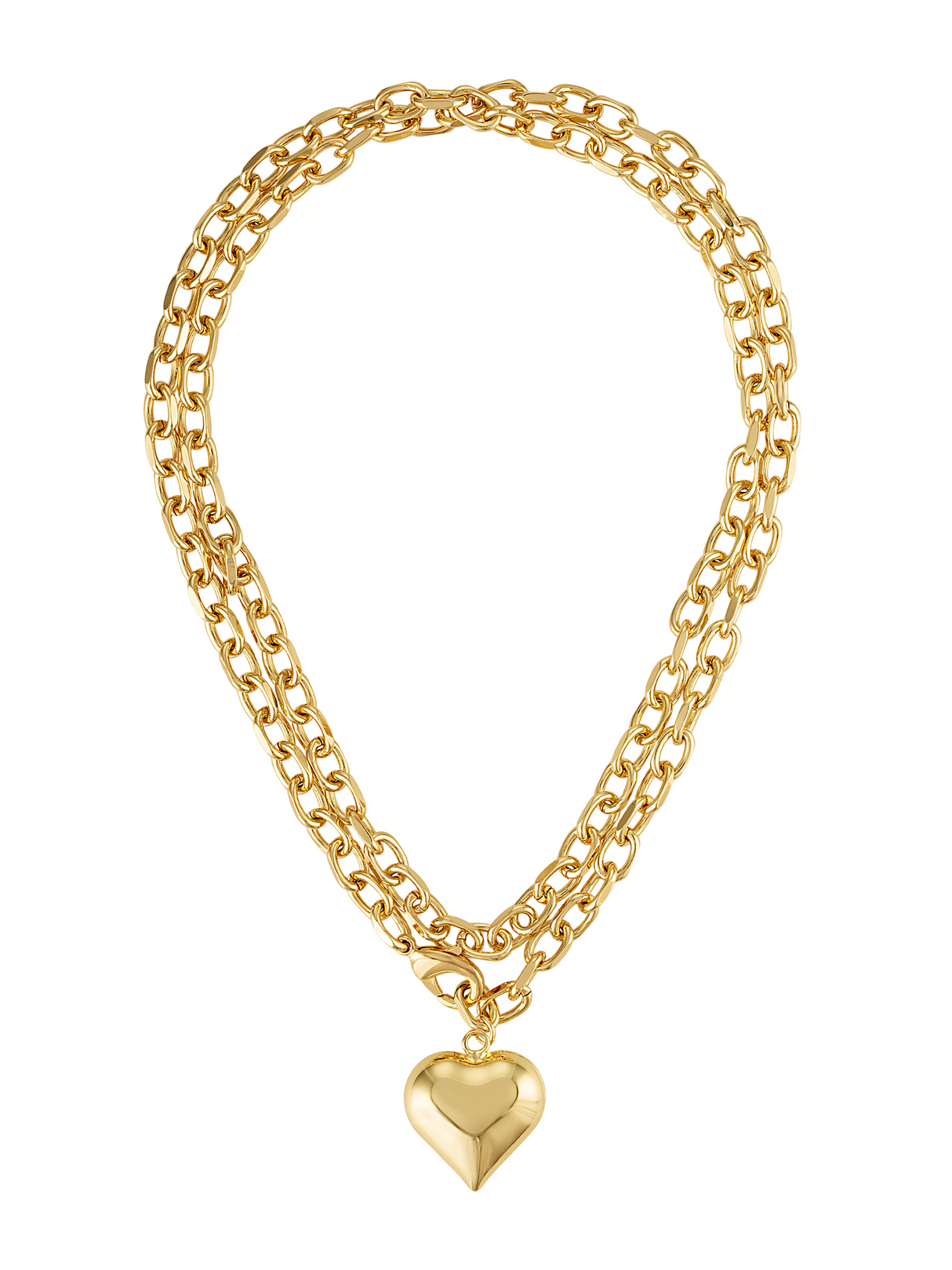 The Poppy Puffy Heart Necklace by Kinsey Designs features a gold double chain with oval links and a shiny puffy heart-shaped pendant.