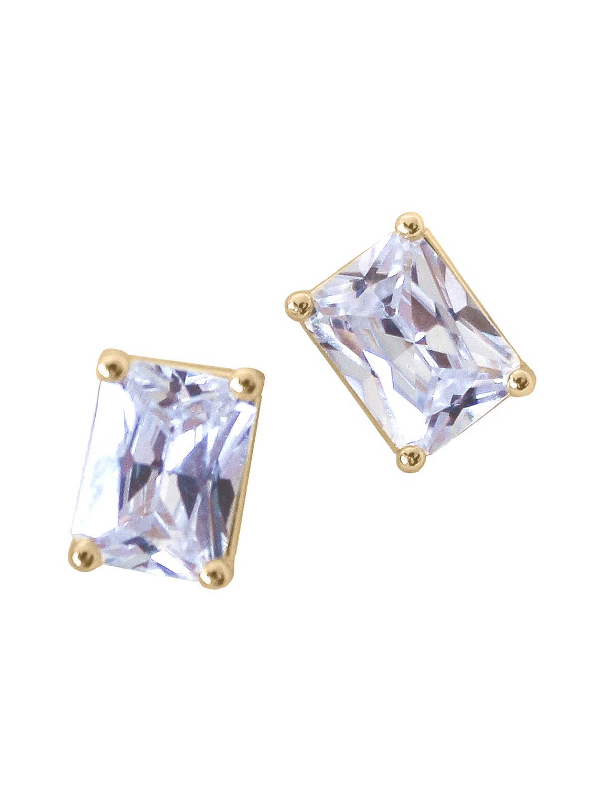 Kinsey Designs’ Prism Studs feature rectangular clear Cubic Zirconia gemstones in gold filled settings with four prongs, offering a modern accent to your look. Shown against a white background.