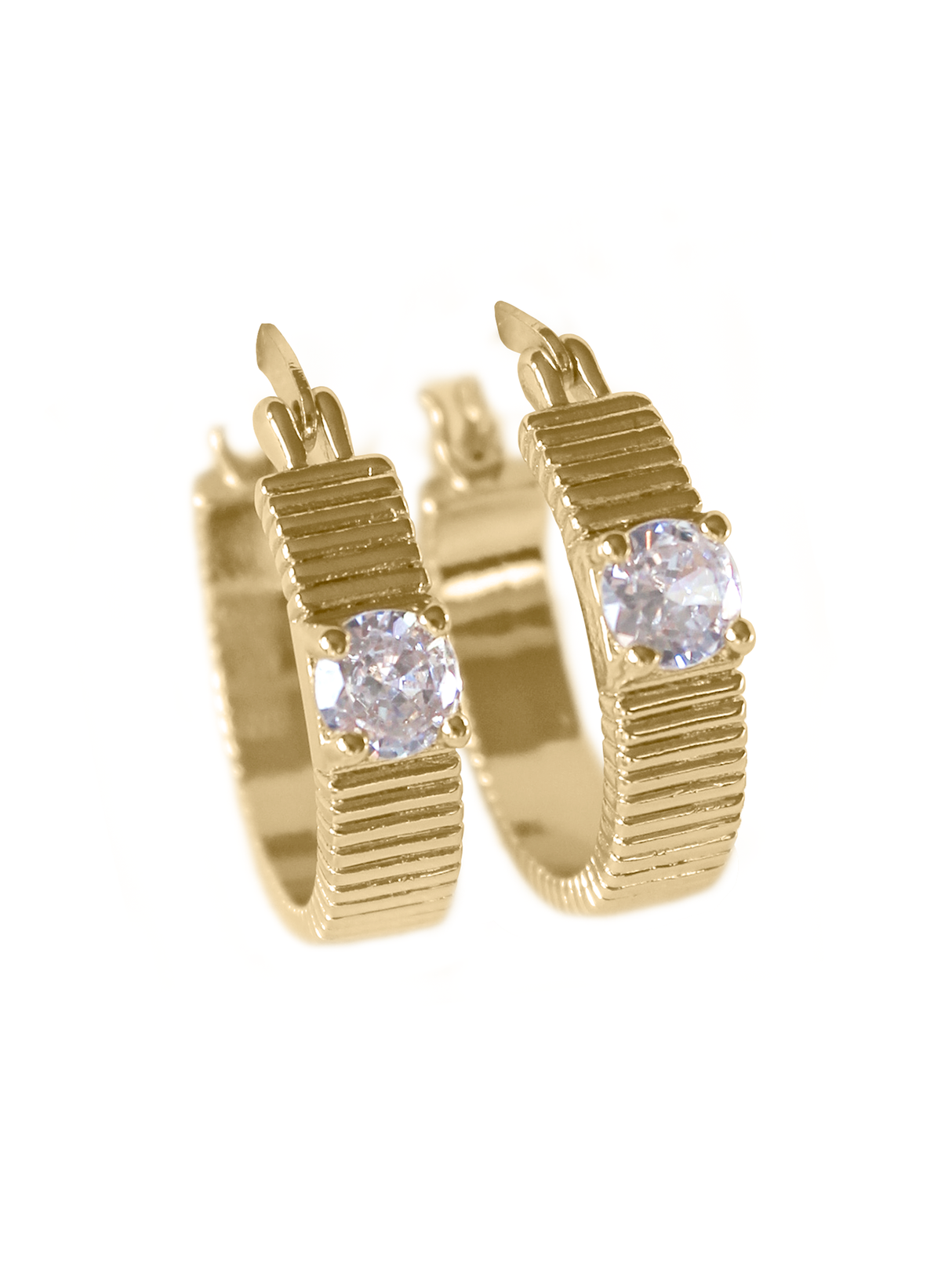 The Quinn Hoop earrings by Kinsey Designs feature a textured gold-filled surface and a clear round gemstone at the center. Each hoop measures 0.75" in diameter.
