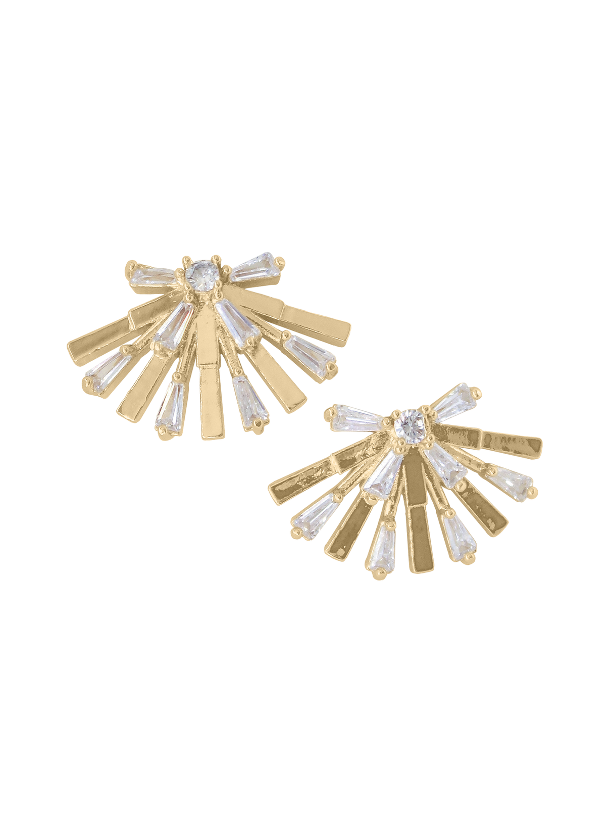 The Rae Post earrings by Kinsey Designs feature a fan-shaped, gold filled design with clear baguette-cut stones radiating from a central gem. These elegant pieces are 1 inch long.