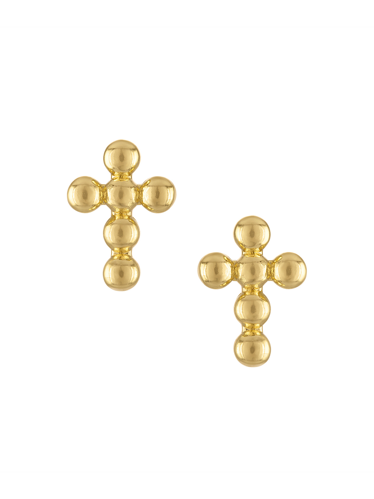 The Royal Cross Stud Earring by Kinsey Designs features five gold beads in a cross shape, creating a timeless and elegant piece of religious jewelry.