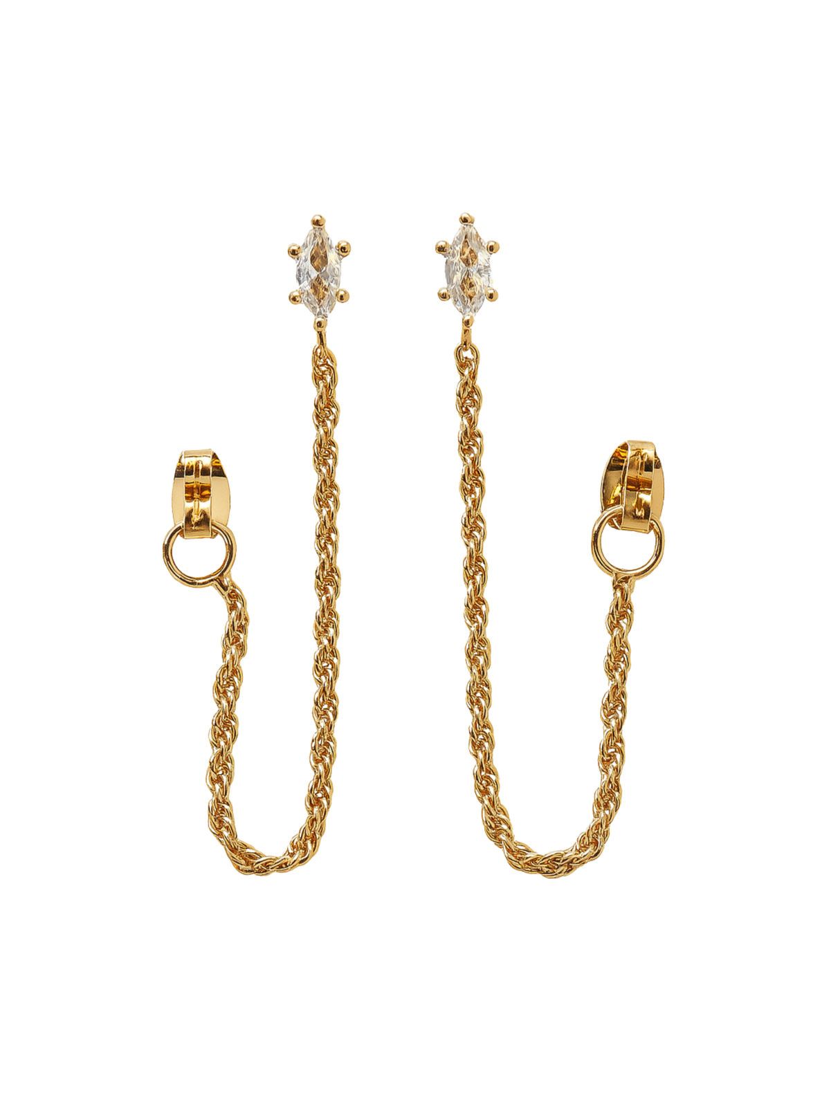 The Sadie Wrap Earrings by Kinsey Designs feature gold filled chains with marquise crystal studs and small hoop clasps, measuring 1.25" long, shown on a white background.