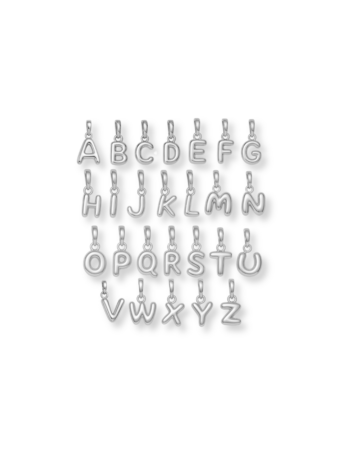 Twenty-six Silver Bubble Initial Clip Charms by Kinsey Designs, including accented letters, are arranged in rows on a white background. Each charm is crafted from rhodium-plated brass with playful bubble letter designs.