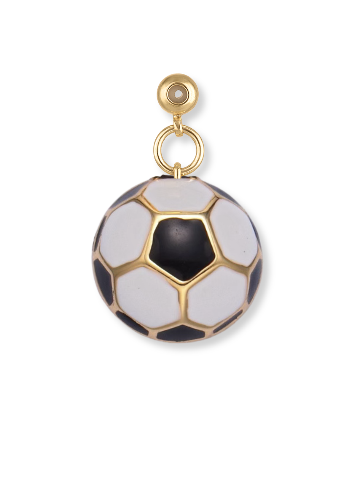Kinsey Designs' Soccer Grip Charm gold earring features a classic black and white soccer ball charm, shown on a white background.