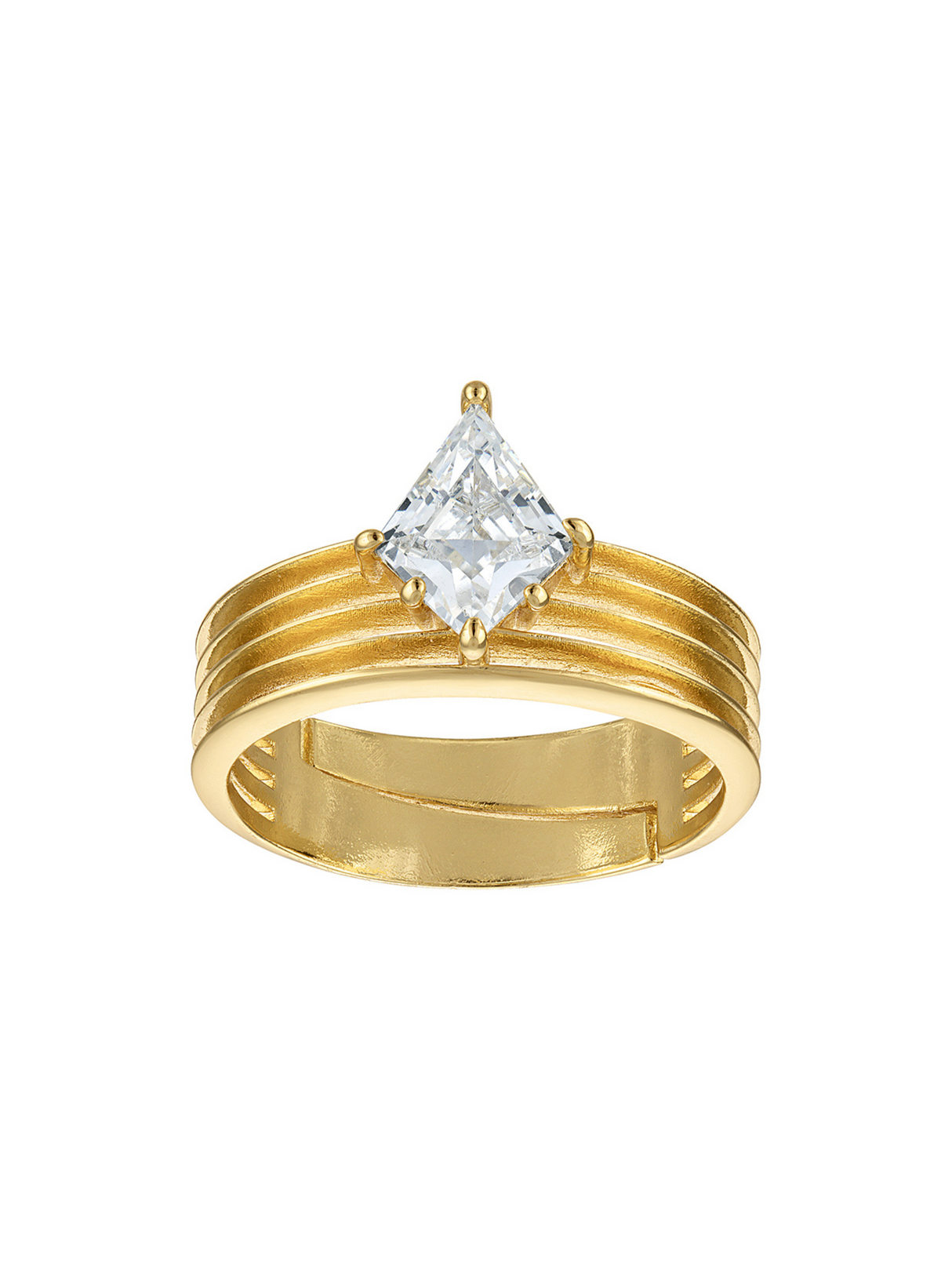 The Scottie Coil Ring by Kinsey Designs features a gold-filled band with triple grooves and a square-cut clear gemstone at the center, evoking vintage elegance.