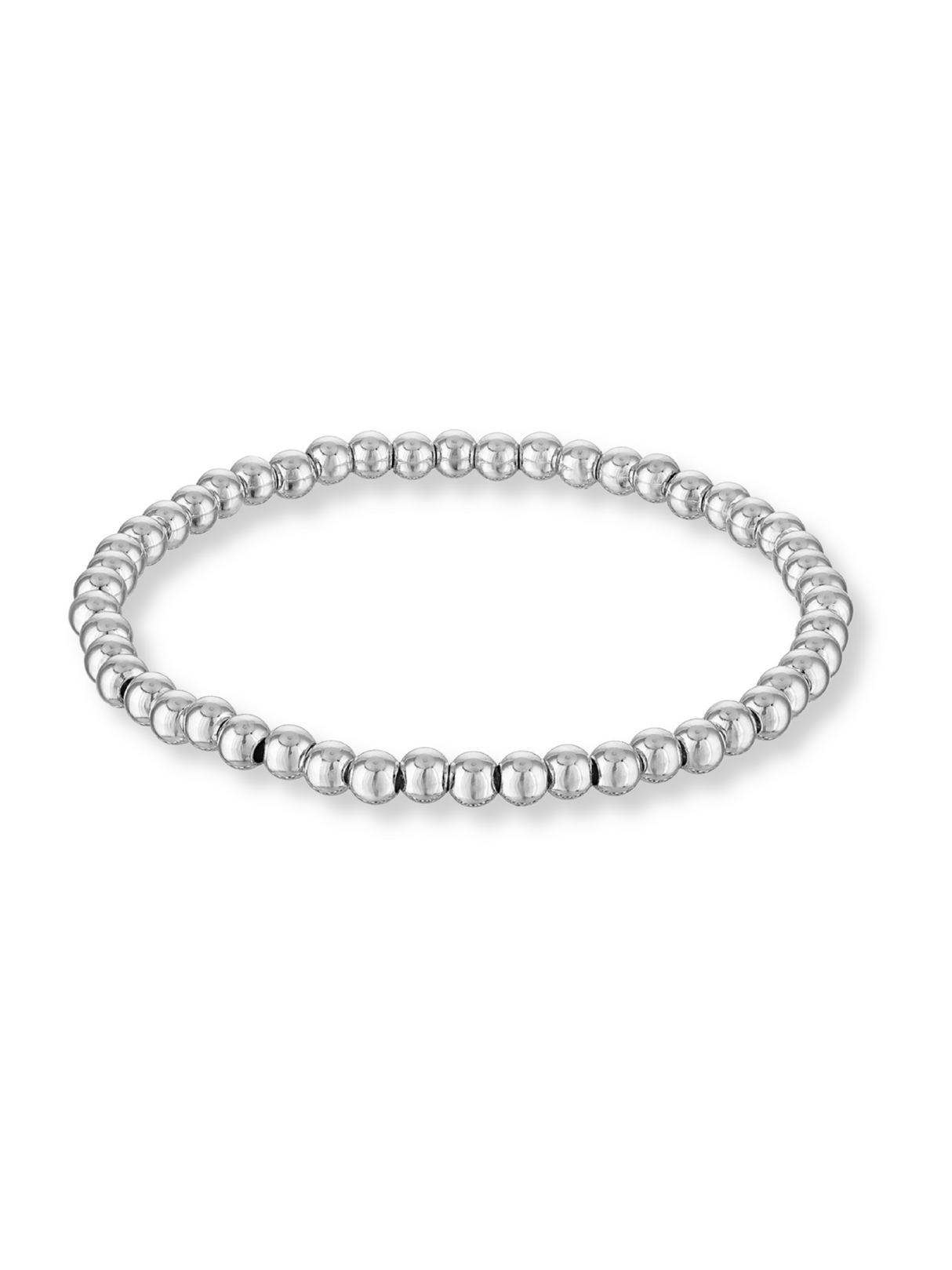 The Kinsey Designs Silver Stretch Bead Bracelet 4MM features small round beads in a continuous circle. This chic adjustable bracelet offers timeless style and comfort, perfect for everyday wear. Shown on a white background.