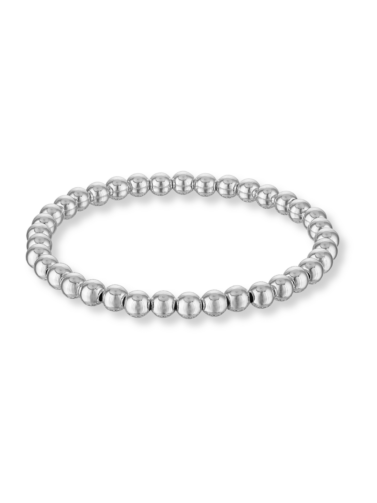 The Kinsey Designs Silver Stretch Bead Bracelet 5MM features round, shiny beads in a continuous circular pattern. This adjustable bracelet combines style and comfort for everyday wear.