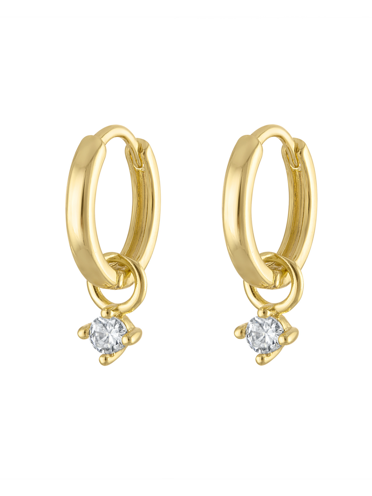 The Sloane Huggie Earrings by Kinsey Designs feature small gold hoops with CZ charm drops, ideal for minimal earring lovers. Shown on a clean white background.