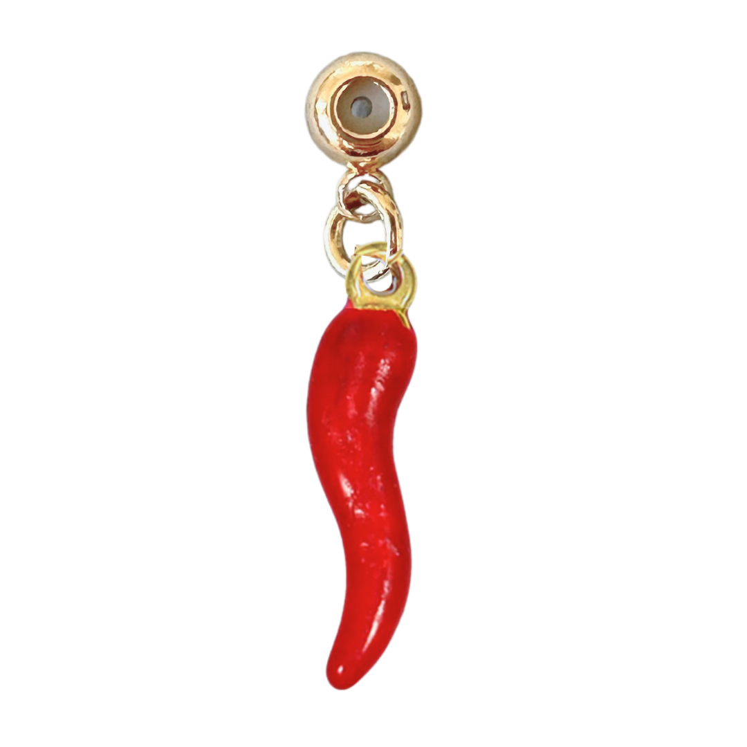 The Spicy Grip Charm by Kinsey Designs Archives features a gold-filled, red chili pepper pendant on a small loop—ideal for adding bold style to your charm bracelet.