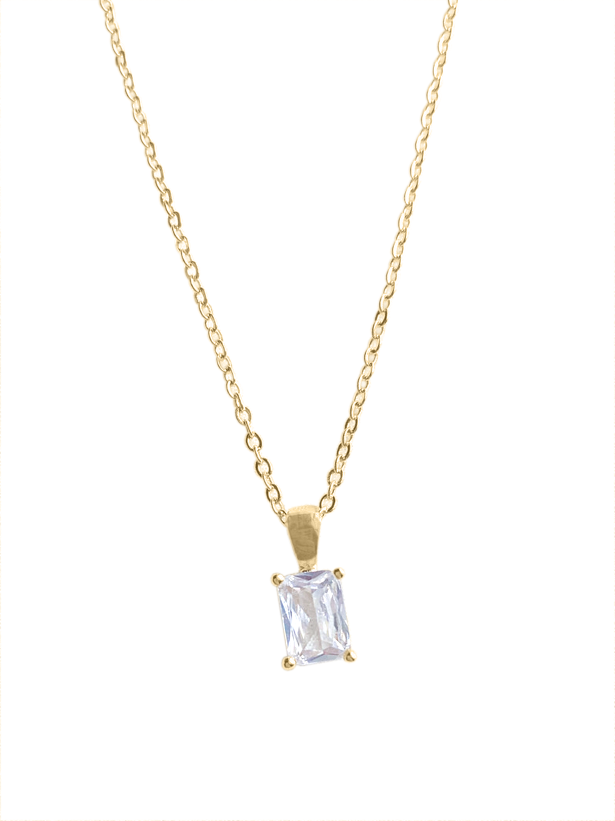 The Kinsey Designs Archives Spritz Necklace features a rectangular cubic zirconia pendant on an 18-inch gold filled chain, displayed against a white background.