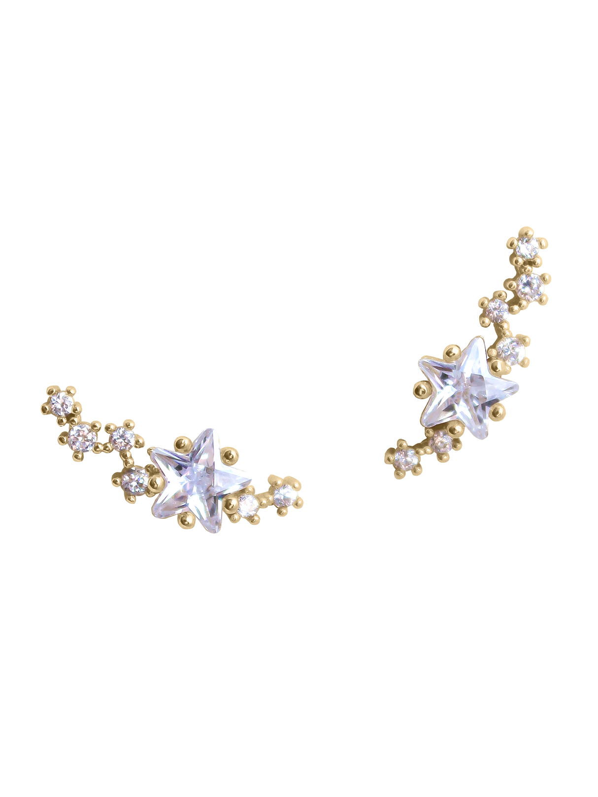 The Starlette Climber by Kinsey Designs features gold-filled earrings with star-shaped and round cubic zirconia in a curved celestial design. Add sparkle to any look—shop now at our sample sale!.