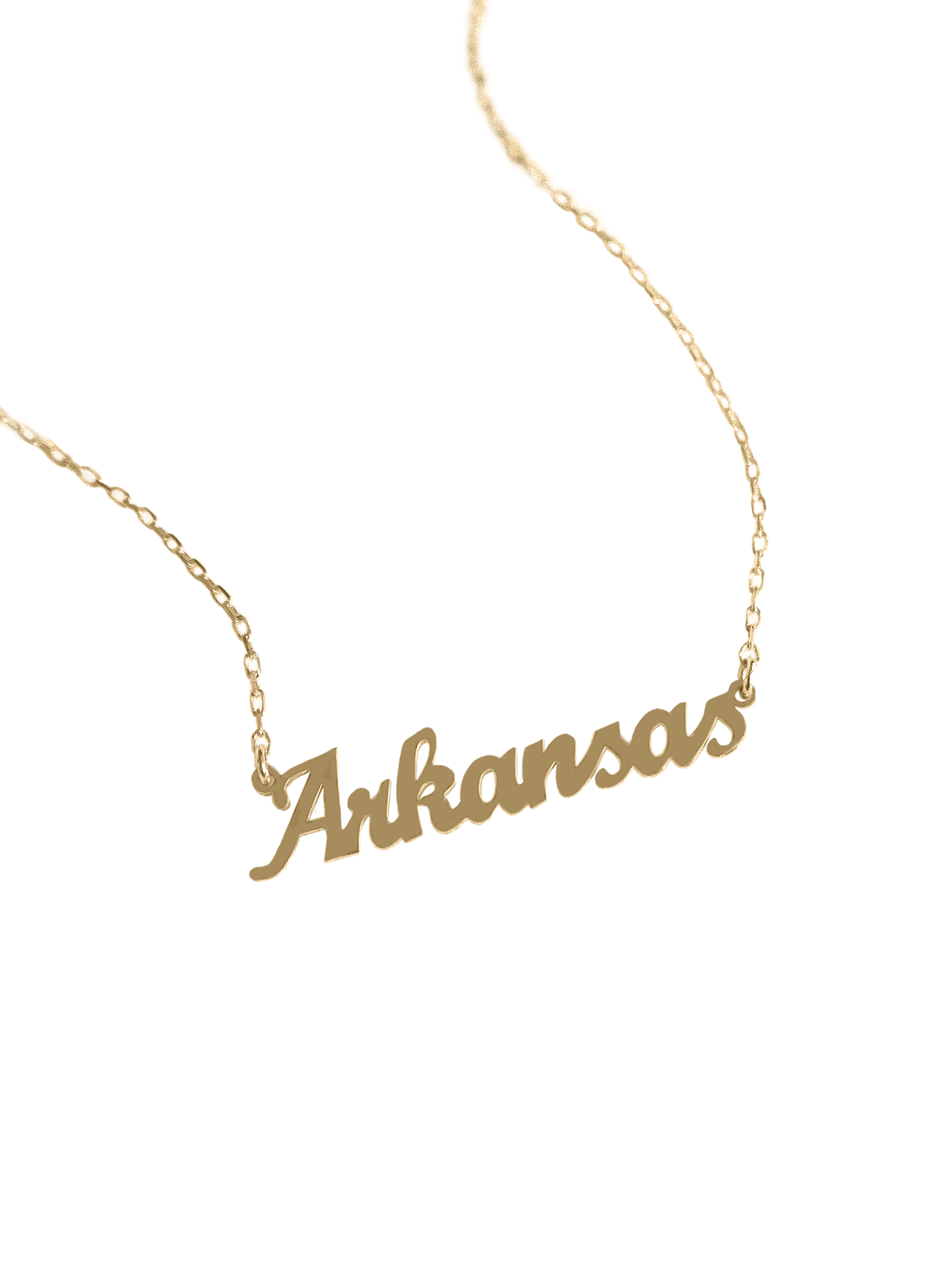 The Kinsey Designs Archives State of Mind Necklace features a gold filled “Arkansas” pendant in cursive on a white background.