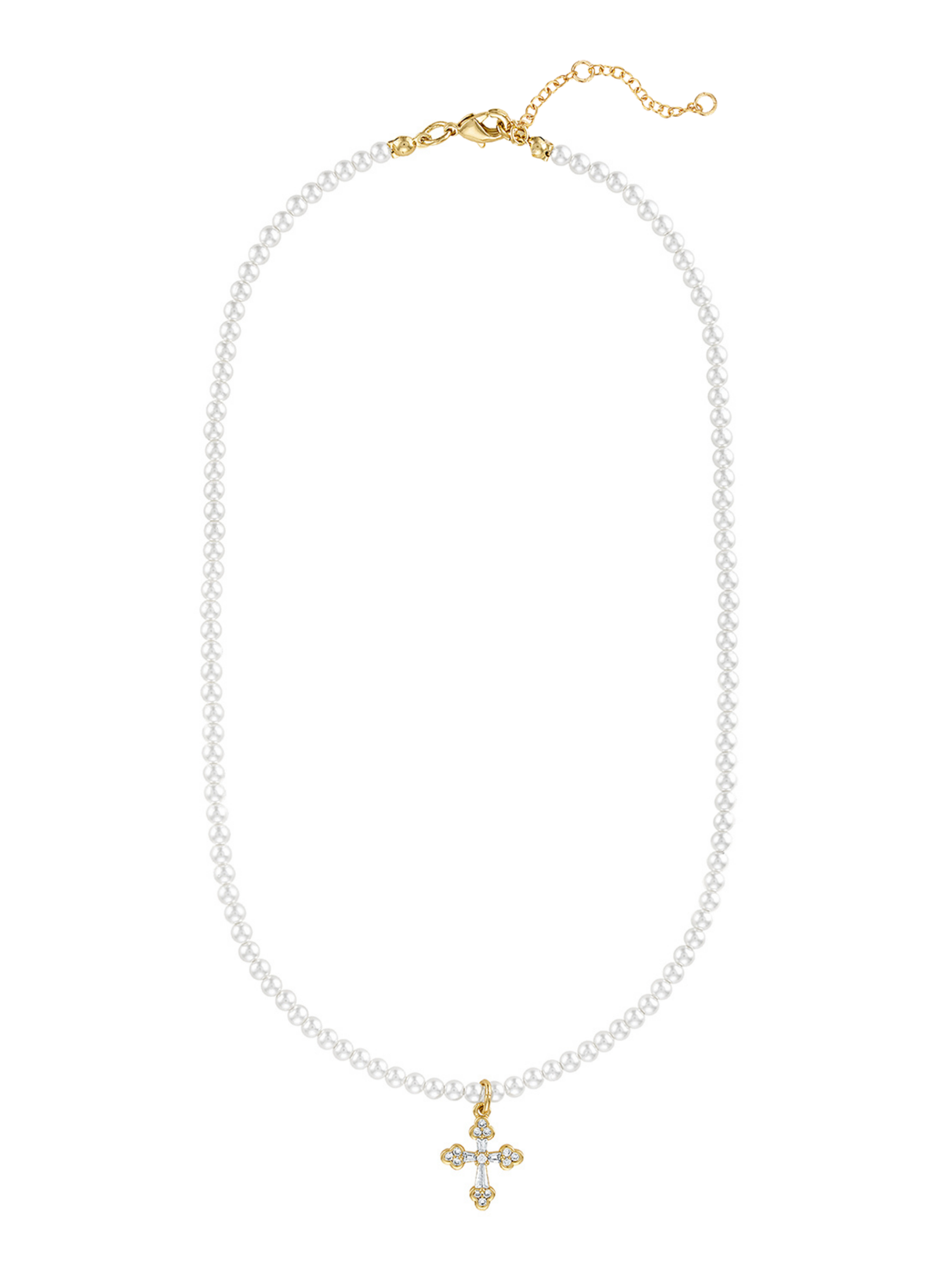 The Tilly Cross Necklace by Kinsey Designs features elegant pearls and a dazzling CZ cross pendant accented with gold and crystal, finished with an adjustable gold clasp.