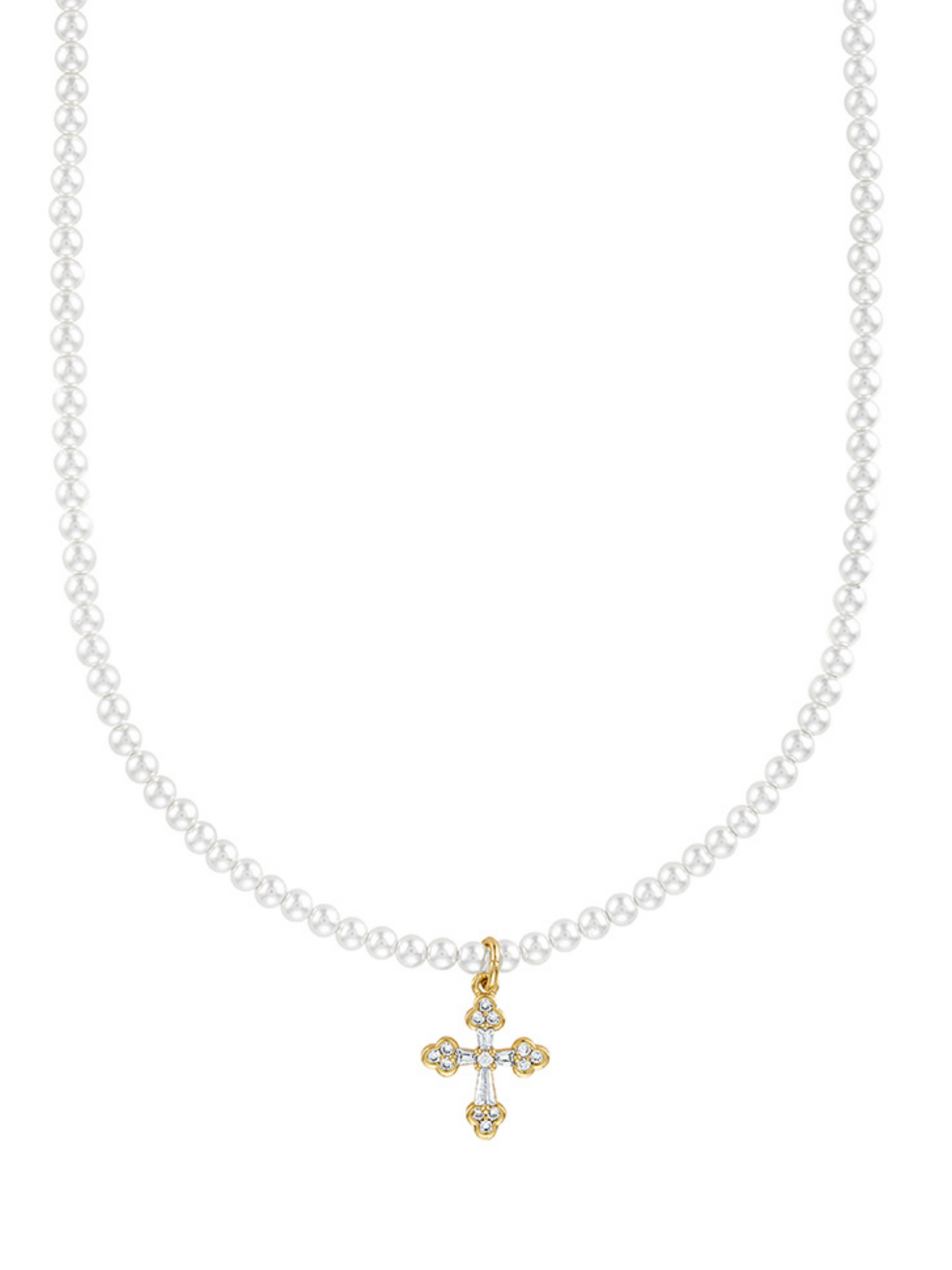 The Tilly Cross Necklace by Kinsey Designs showcases a pearl strand with a CZ cross pendant, accented with gold and diamond details, elegantly presented on a white background.