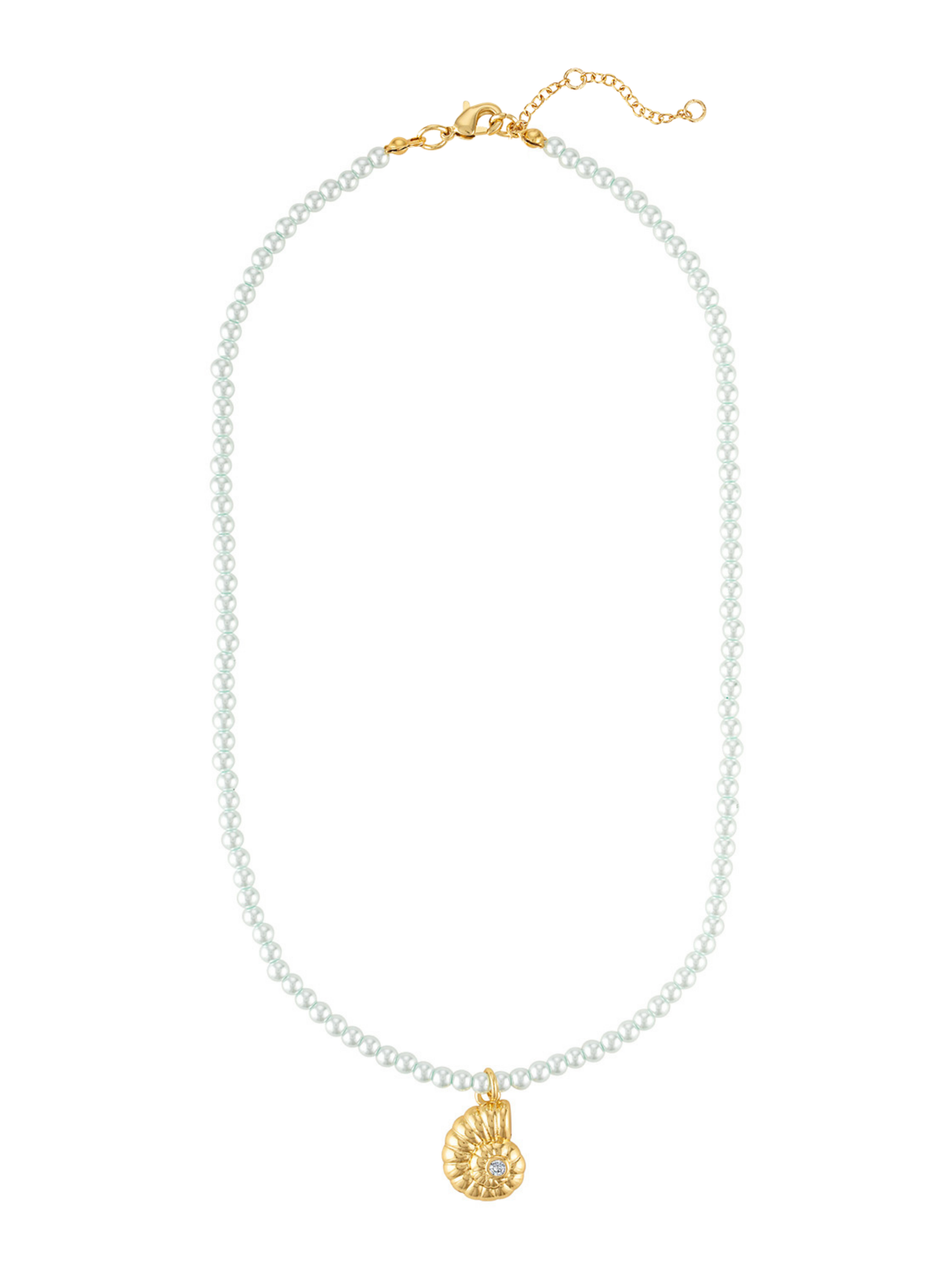 The Tilly Nautilus Necklace by Kinsey Designs features white beaded pearls, a gold shell pendant, and an adjustable gold clasp for added elegance.