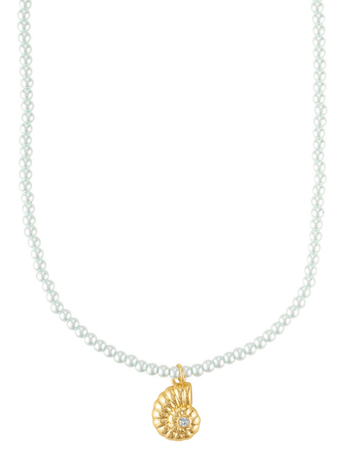 The Tilly Nautilus Necklace by Kinsey Designs features a delicate gold seashell pendant with a tiny clear CZ stone at the center, inspired by classic pearl necklaces.