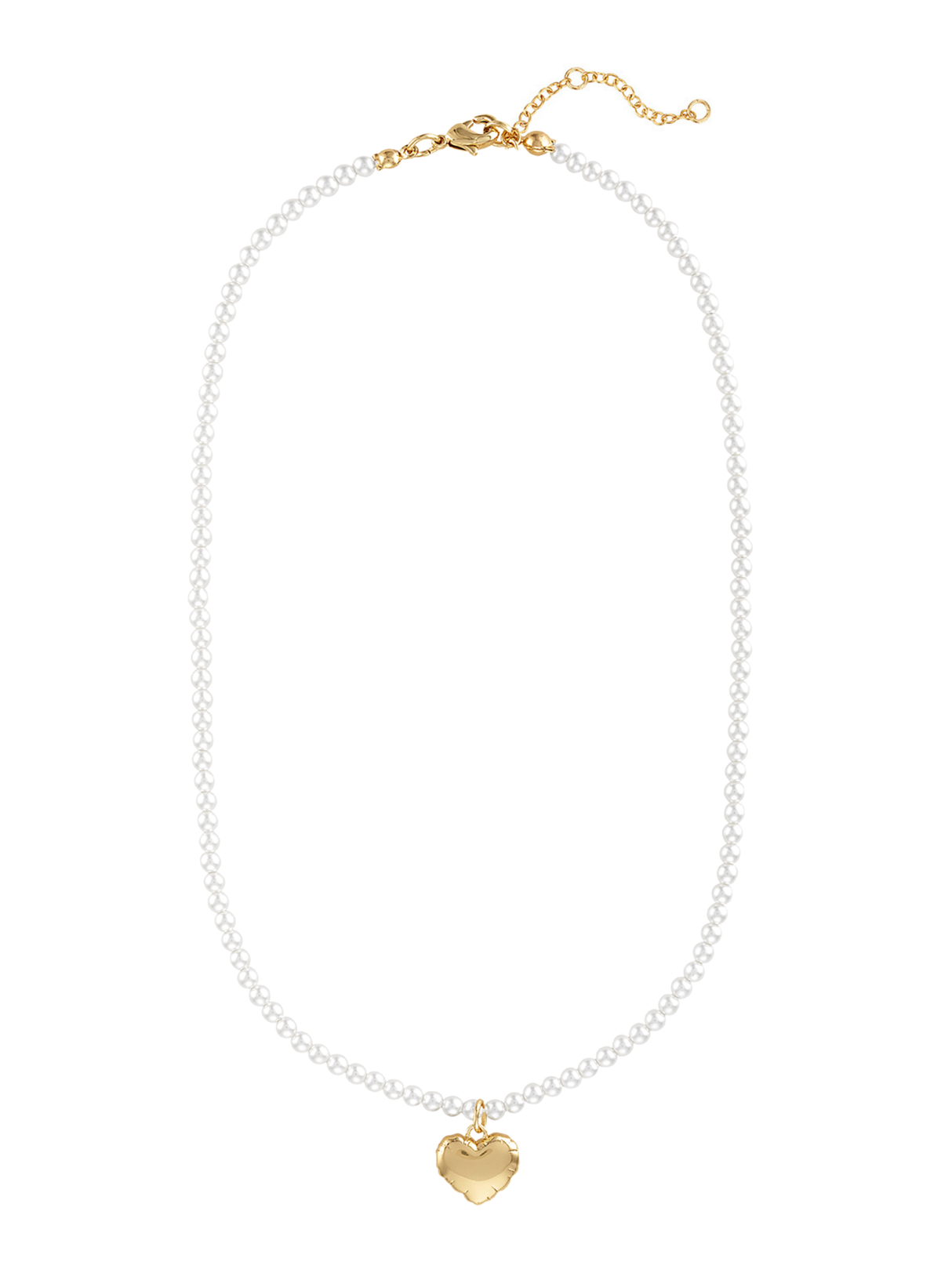 The Tilly Puff Heart Necklace by Kinsey Designs features delicate pearl beads, a gold heart pendant, and an adjustable gold clasp for the perfect fit.