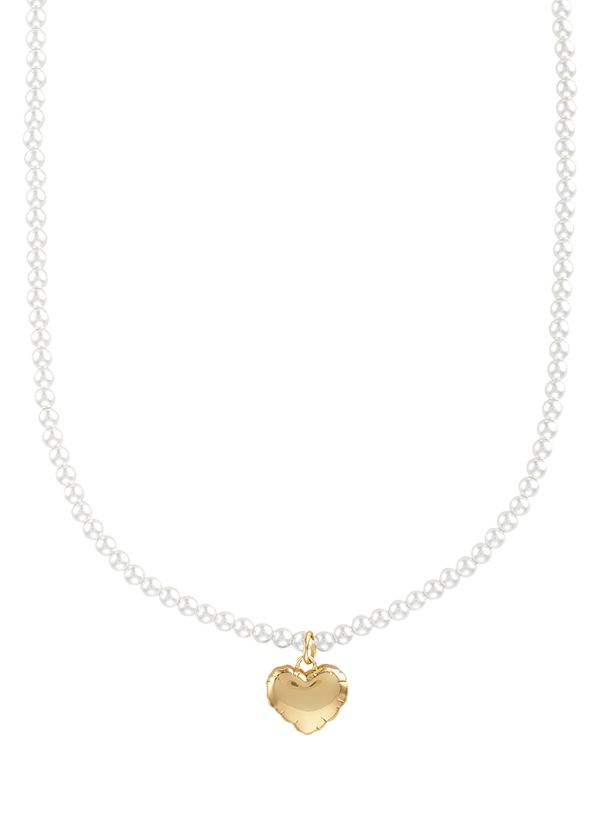 The Tilly Puff Heart Necklace by Kinsey Designs features a gold heart pendant on a delicate strand of small white pearls.