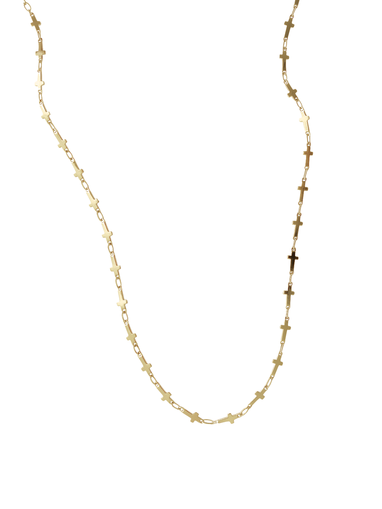 The Trinitee Necklace by Kinsey Designs features small, evenly spaced cross-shaped links in gold fill. This 14-inch necklace is a timeless jewelry piece, shown on a white background.