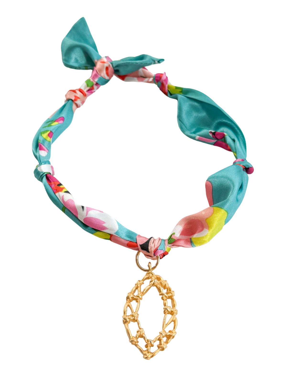 The Moscazzano Scarf Necklace by Kinsey Designs is a teal floral accessory with an adjustable design and a gold abstract pendant charm for added elegance.