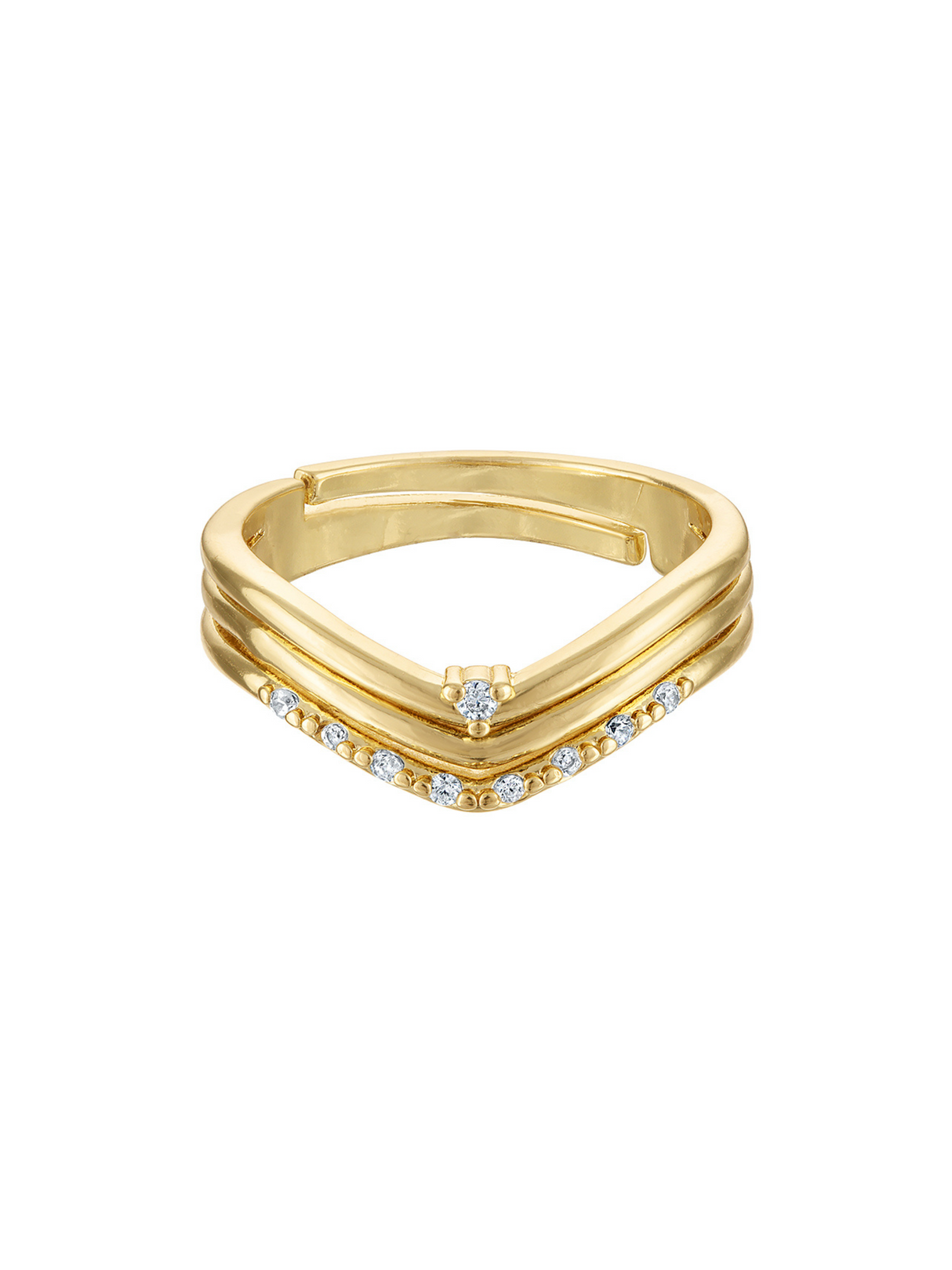 The Tally Triple Ring by Kinsey Designs features a gold V-shaped band with small CZ crystals along the front and a single sparkling center stone, creating a chic three-layer effect.
