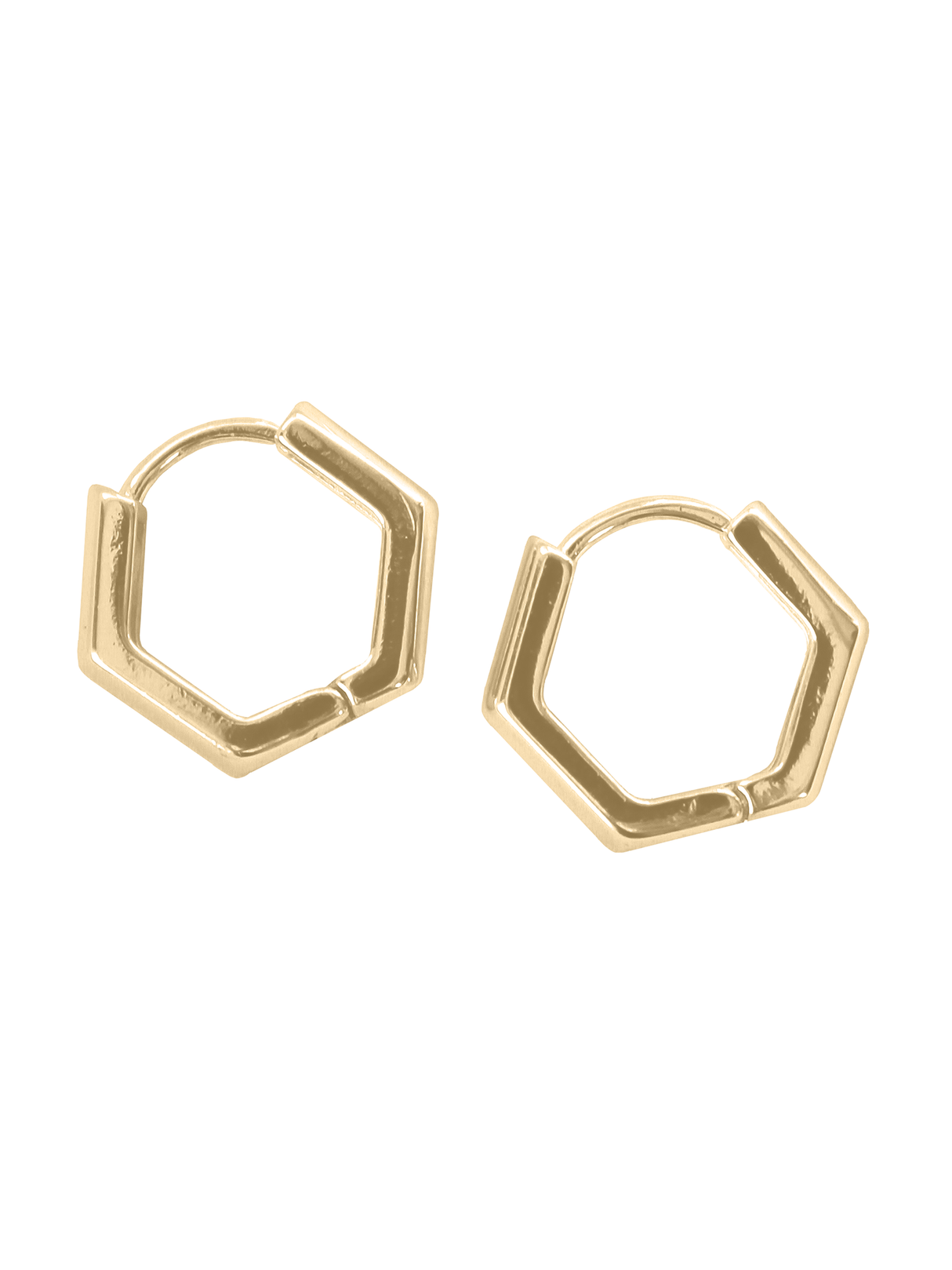 The Theo Hoop by Kinsey Designs Archives: gold-filled, hexagon-shaped hoop earrings shown against a white background. Final sale.