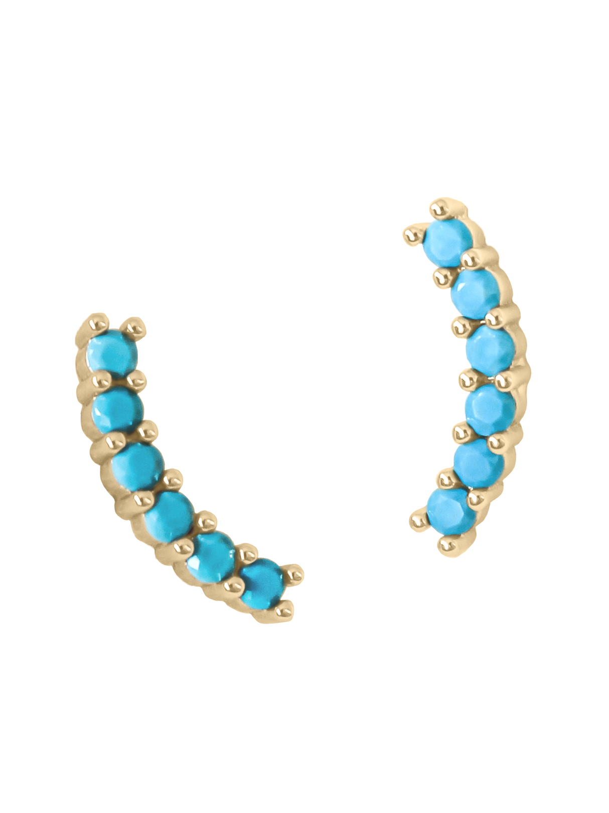 The Kinsey Designs Tide Climber features gold filled curved earrings with small round turquoise stones in a row, displayed on a white background—an elegant addition to your jewelry collection.