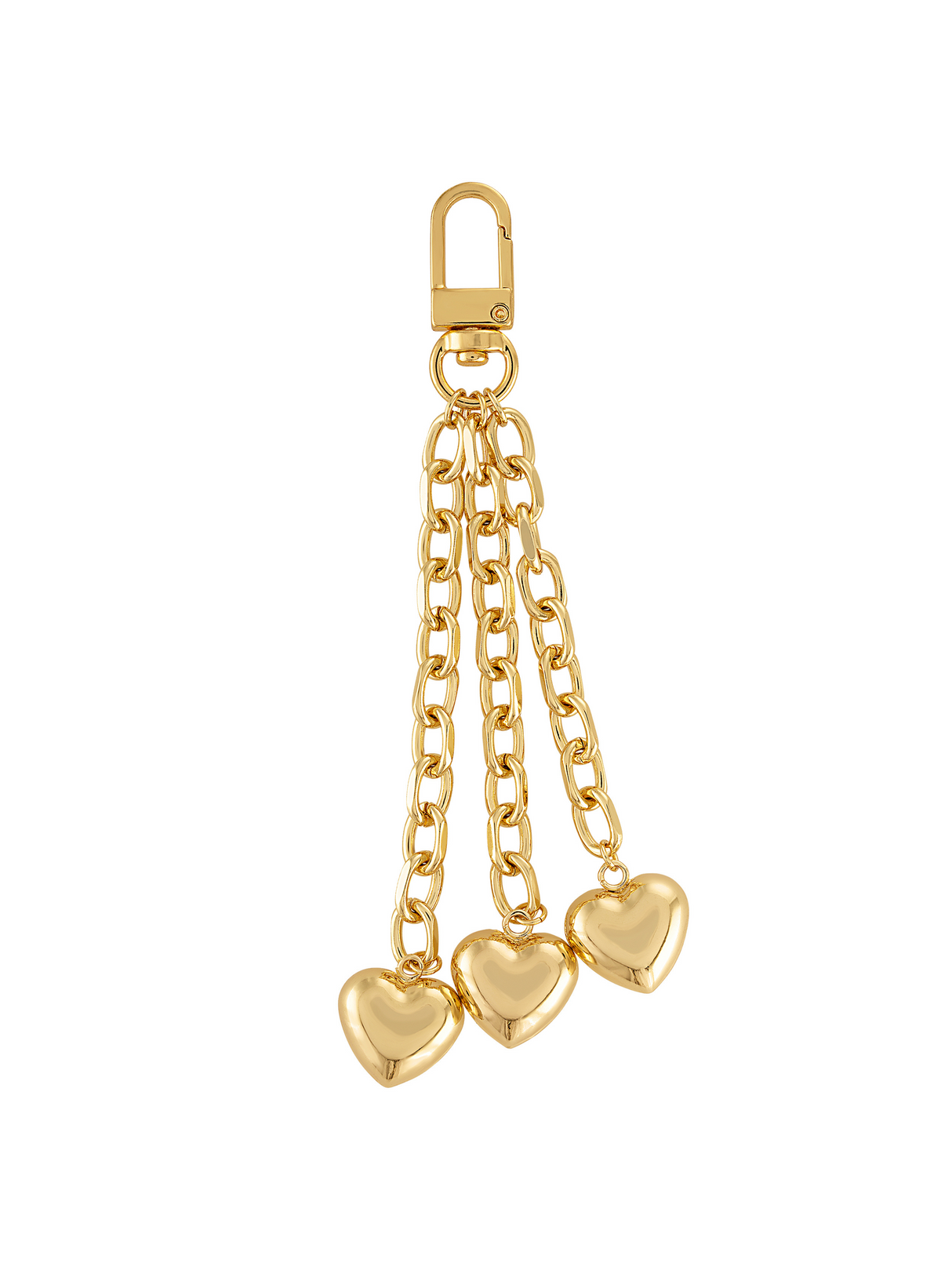 Add elegance to your accessories with the Kinsey Designs Triple Heart Bag Charm—a gold keychain featuring three dangling heart charms and a secure clasp.