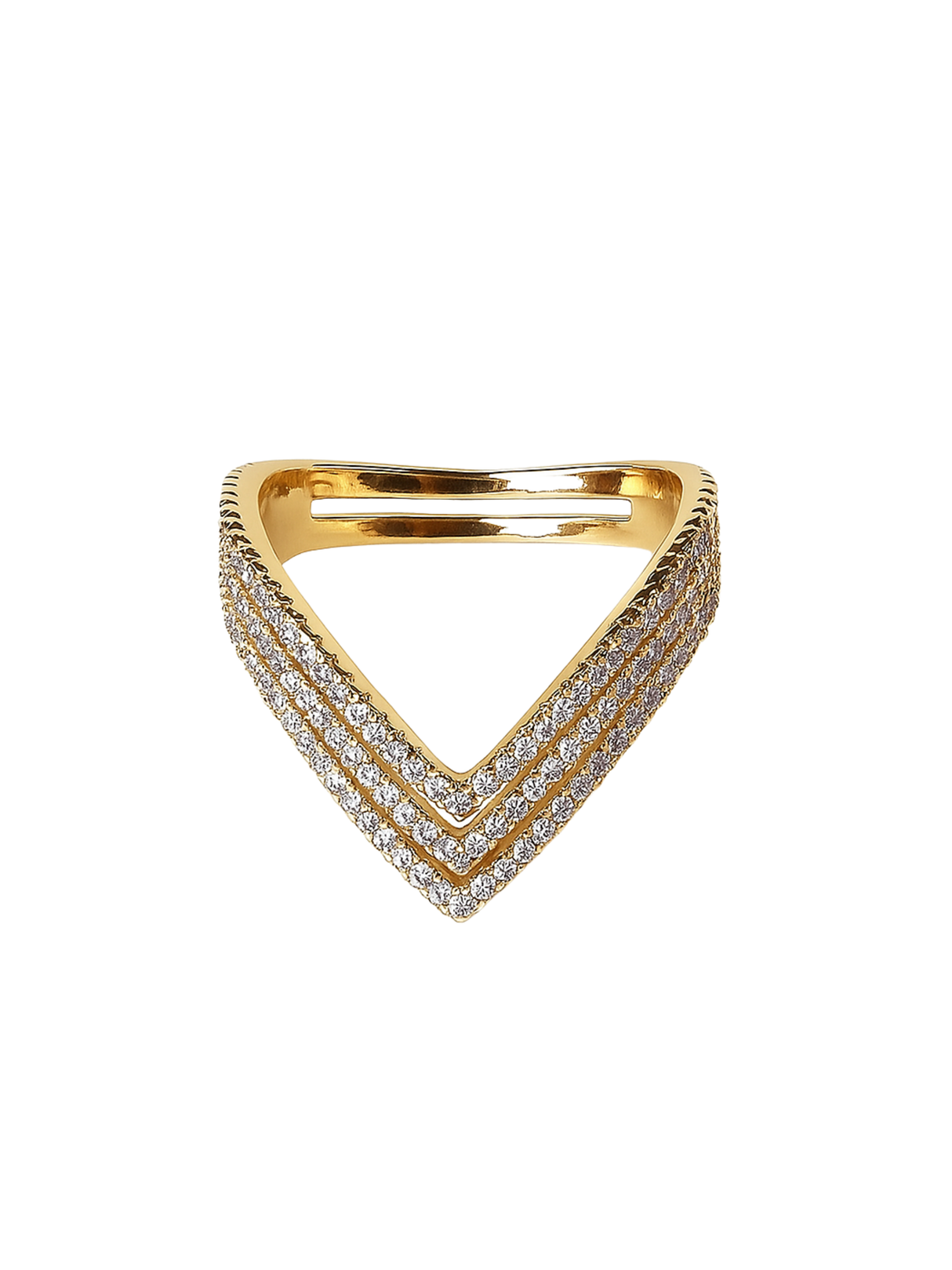 The Kinsey Designs Veeva Enhancer Ring features a gold V-shaped minimalist design with three rows of sparkling diamonds, ideal as a stacking ring or enhancer, shown on a white background.